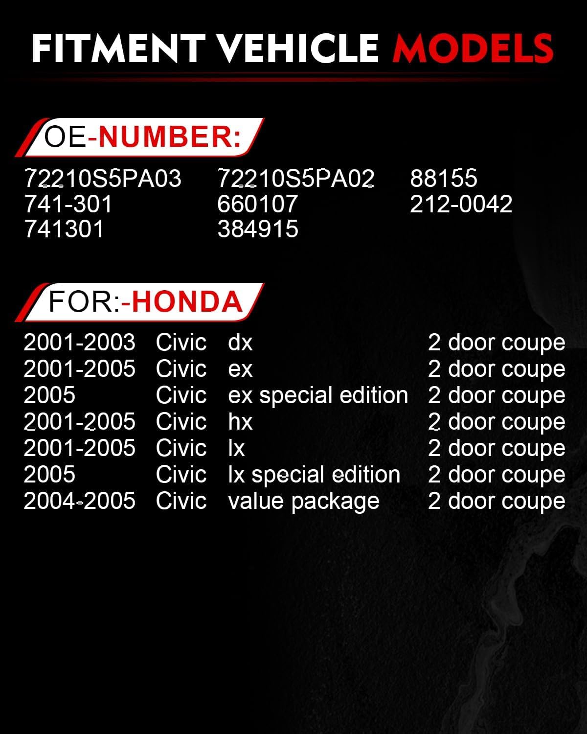 Front Right Power Window Regulator with Motor for:-Honda Civic Dx 2001-2003, Civic Ex Hx Lx 2001-2005, Civic Ex/Lx Special Edition 2005 2 Pins Connector Replace# 72210S5PA03 741-301 72210S5PA02