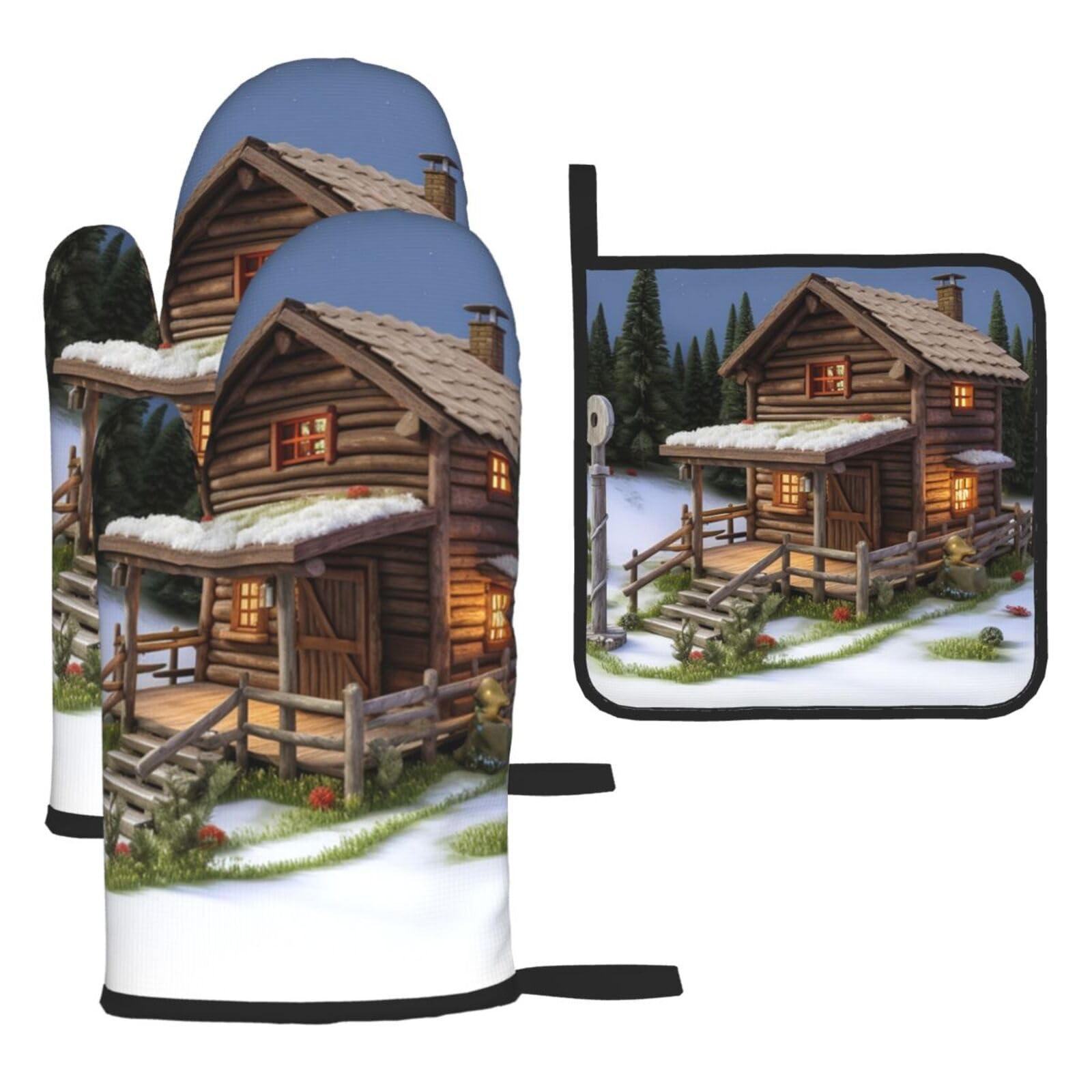 Lot de 3 maniques de cuisine rustiques imprimé chalet bois antidérapantes