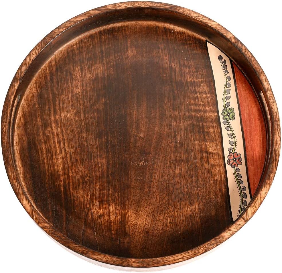 Aakriti Art Creations Handcrafted Mango Wood Round Tray, Walnut Brown, 14 x 14 x 2 inches