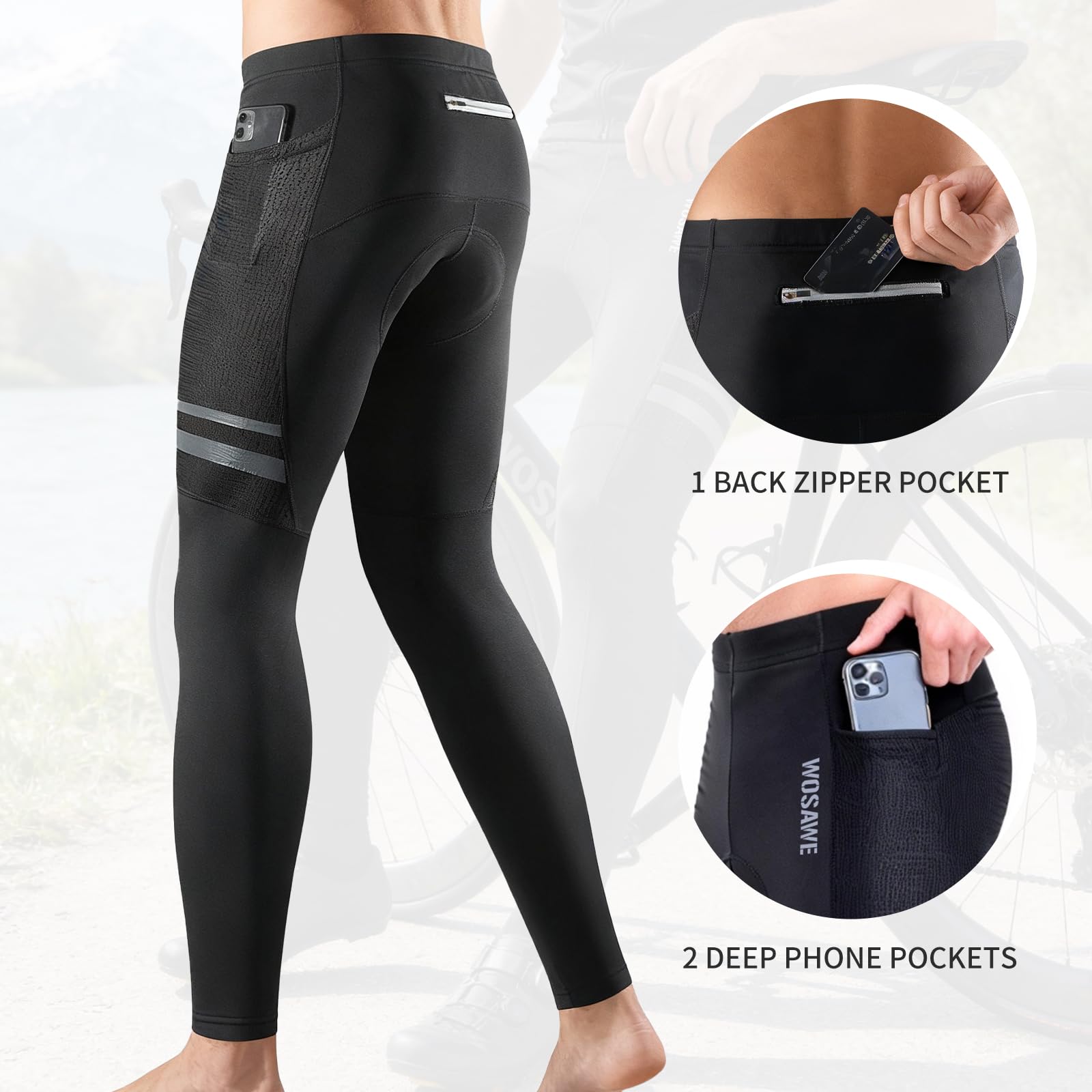 WOSAWE Pantalon de Cyclisme Homme Hiver Thermique VTT Compression Leggings Respirant 4D Rembourré Collant de Vélo