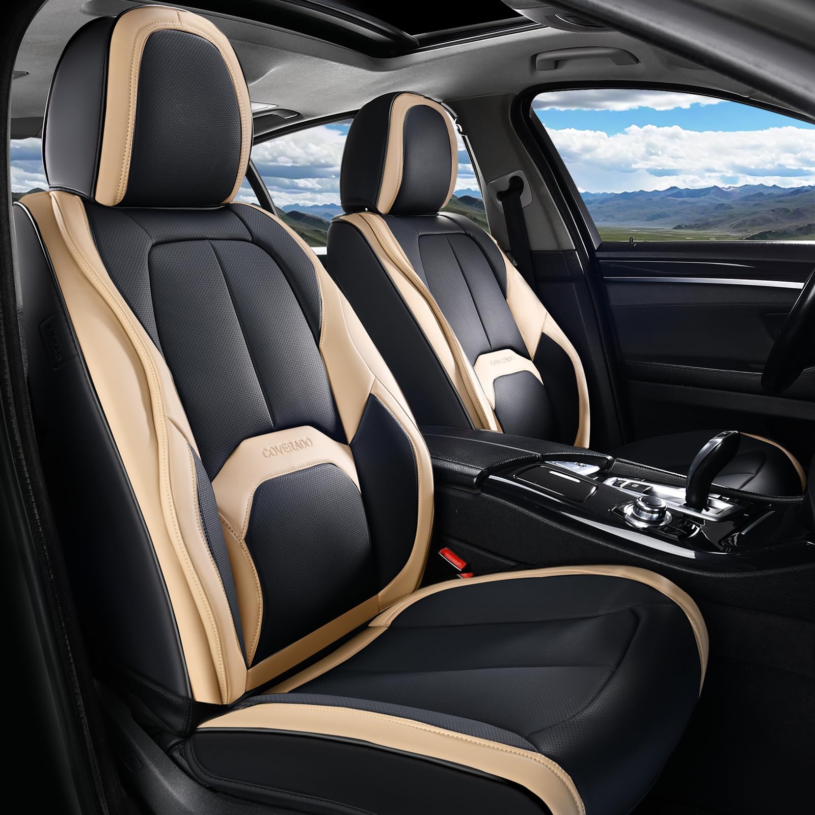 Coverado Seat Covers, Premium Nappa Leather Car Seat Covers Front Seats, Waterproof Car Seat Protector with Lumbar Support, Front Driver Seat Covers Universal Fit for Most Cars (Black&amp;Beige)