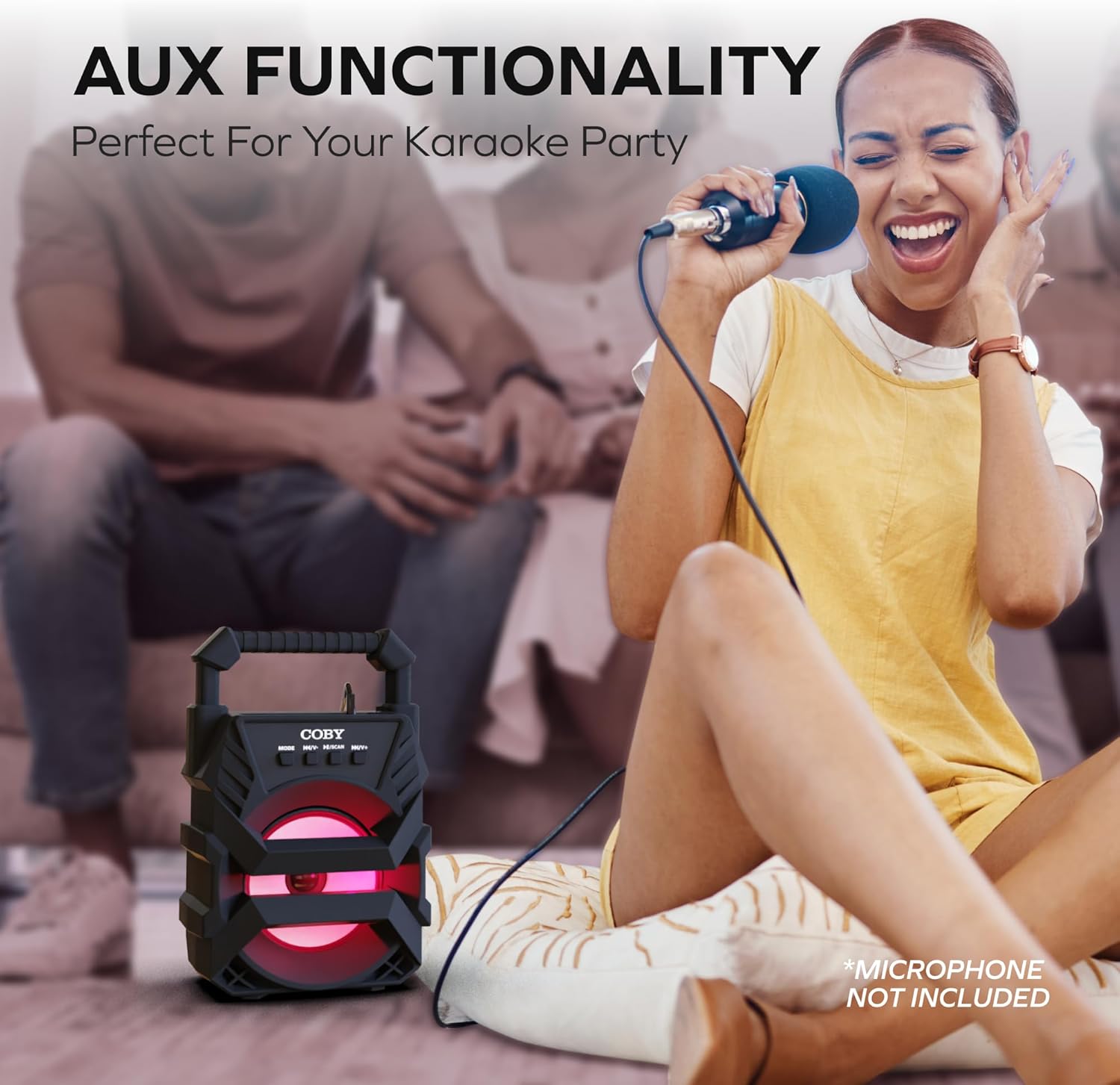 Coby Portable Karaoke Speaker & Bluetooth PA System with Mic Input, LED Party Lights, FM Radio, USB/SD/AUX Playback, Rechargeable Wireless Speaker for Home, Travel, Parties & Outdoors - Image 6