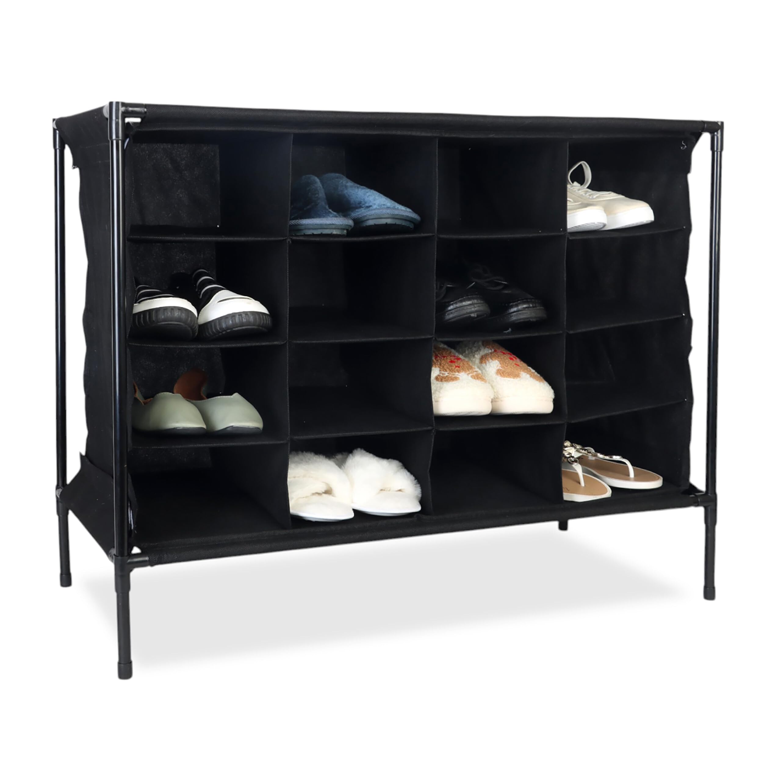 Relaxdays Camping Shoe Rack, 16 Compartments, Stackable, Easy to Assemble, Footwear Cabinet, HWD: 65 x 84 x 36 cm, Black