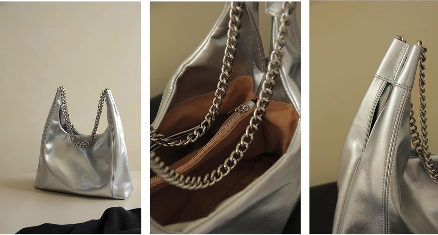 Ladies Silver PU Leather Tote Bags Leather Bucket Hobo Bags Metallic Shoulder Bags Large Fashion Hobo Purse
