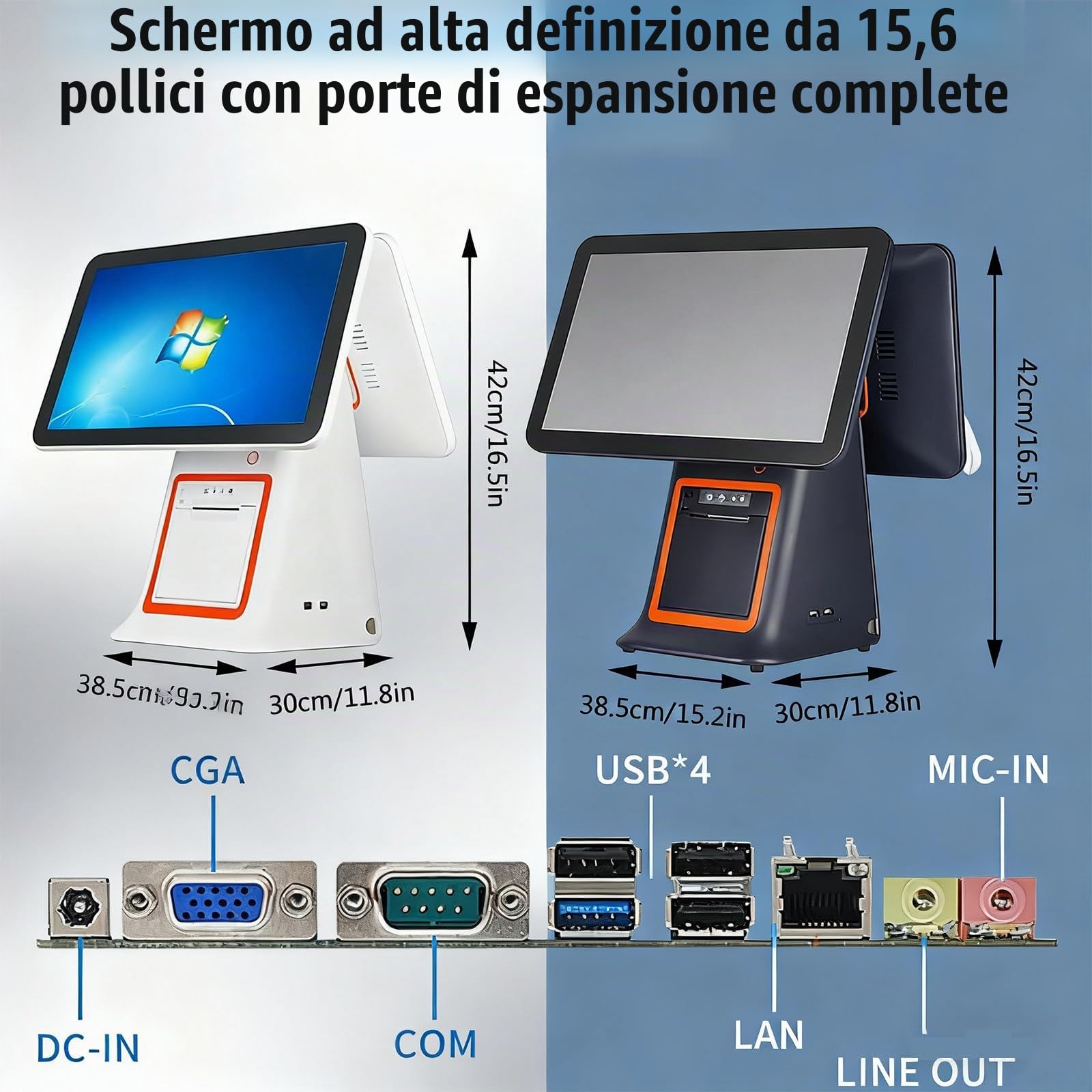 Registratore di Cassa Doppio Schermo Touch 15.6", 15 CPU, 8G RAM, 128G SSD, Cassa Touch Screen per Gestione Negozio, Bar, Ristorante, supermercato, minimarket, Catering Black