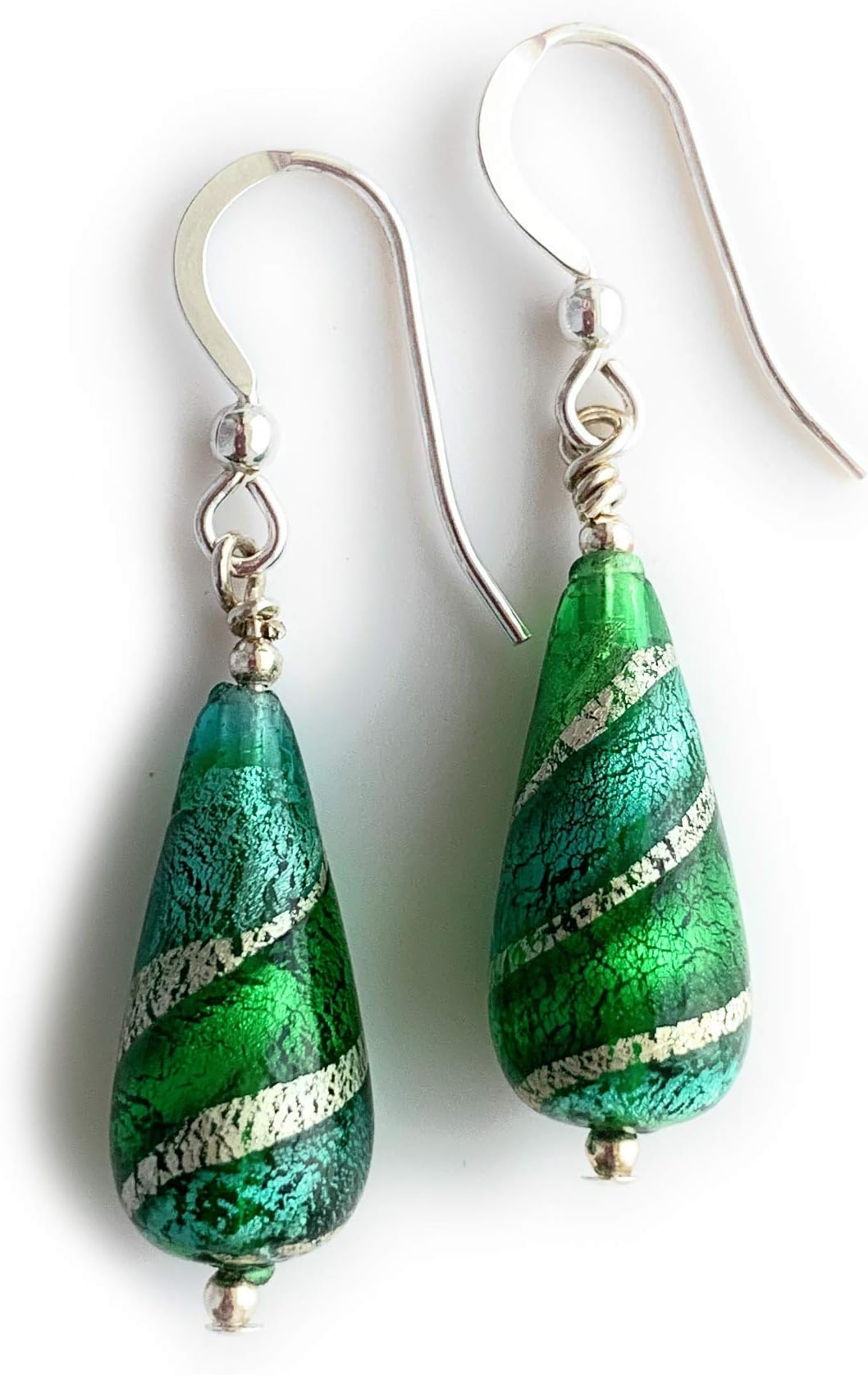 Diana Ingram earrings with dark green (emerald), teal (green, jade) and white gold Murano glass short pear drops on Sterling Silver or 22 Carat gold vermeil hooks