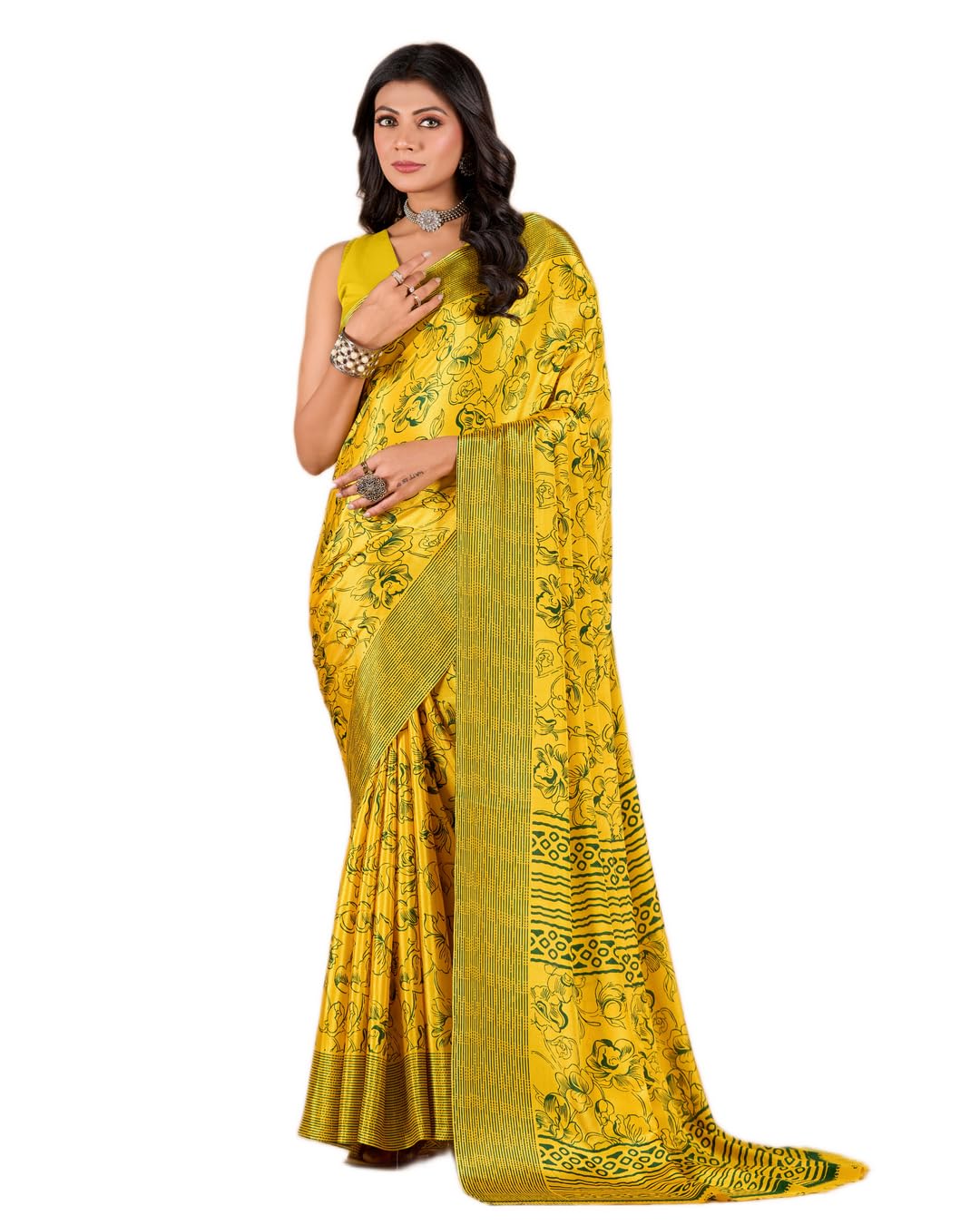 negroni Women's Crepe Silk Floral Printed Saree with Unstitched Blouse - AVM_TUR_YELLOW-picture-29