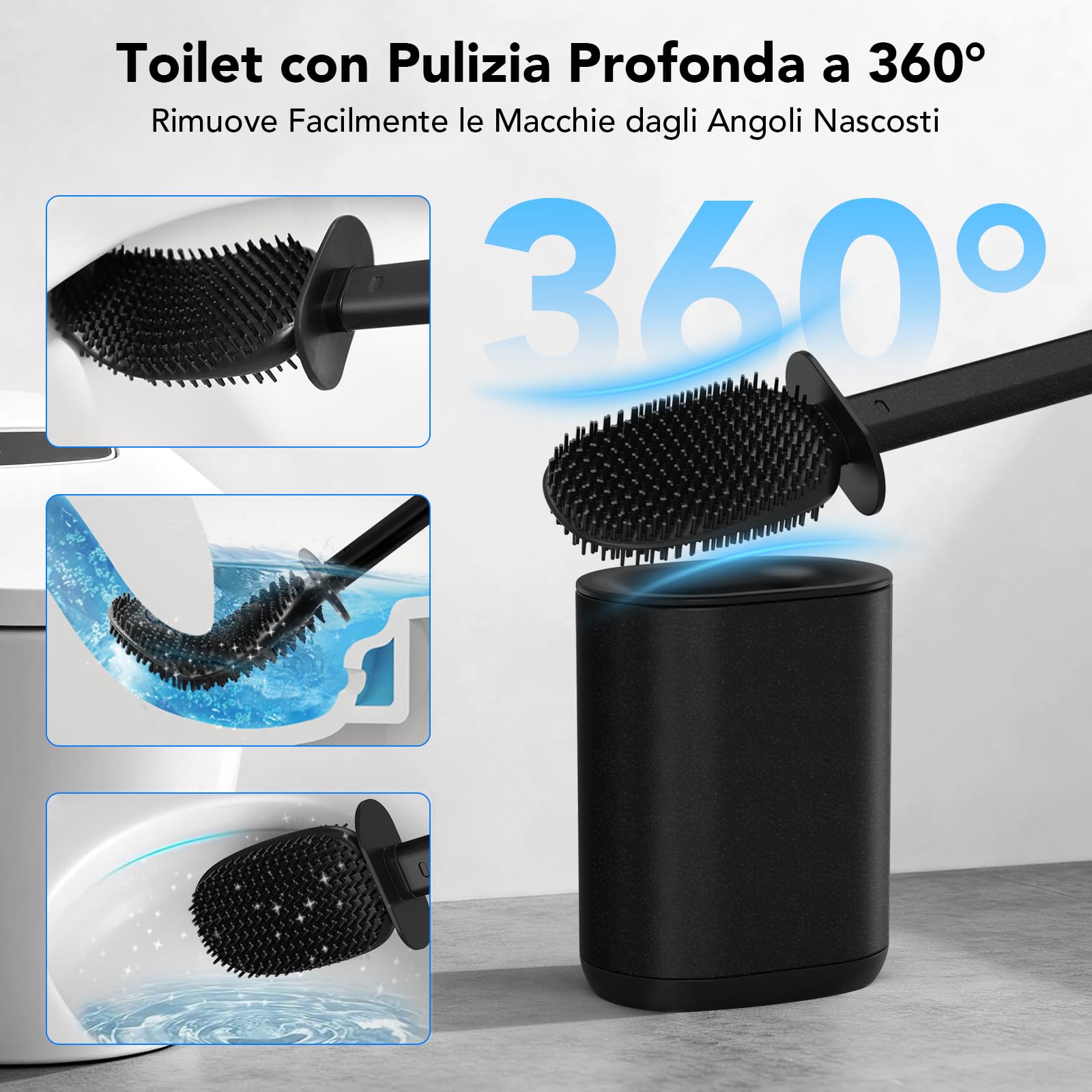 HOMEASY Scopino WC con Supporto in Acciaio Inox, Spazzolino WC ad Asciugatura Rapida con Base Rimovibile, Appoggiata a Terra o Fissata al Muro, Viene Fornito con 2 Adesivi Murali - Nero