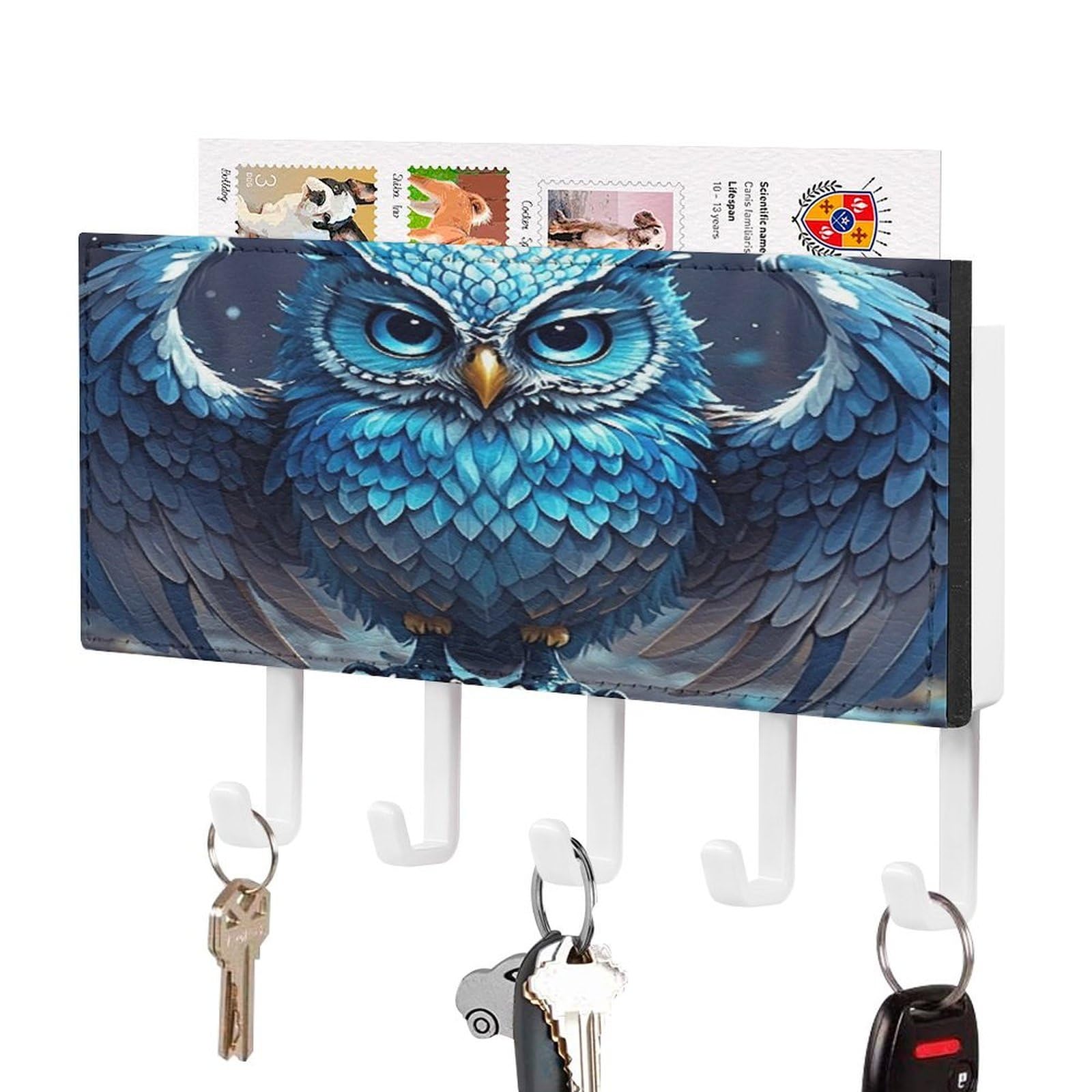 FekiLoot Blue Owl Key Holder for Wall Decorative Mail Organizer with 5 Key Hook Self Adhesive Key Rack with Tray Coat Rack Wall Mount Key Hanger Decor for Entryway Door