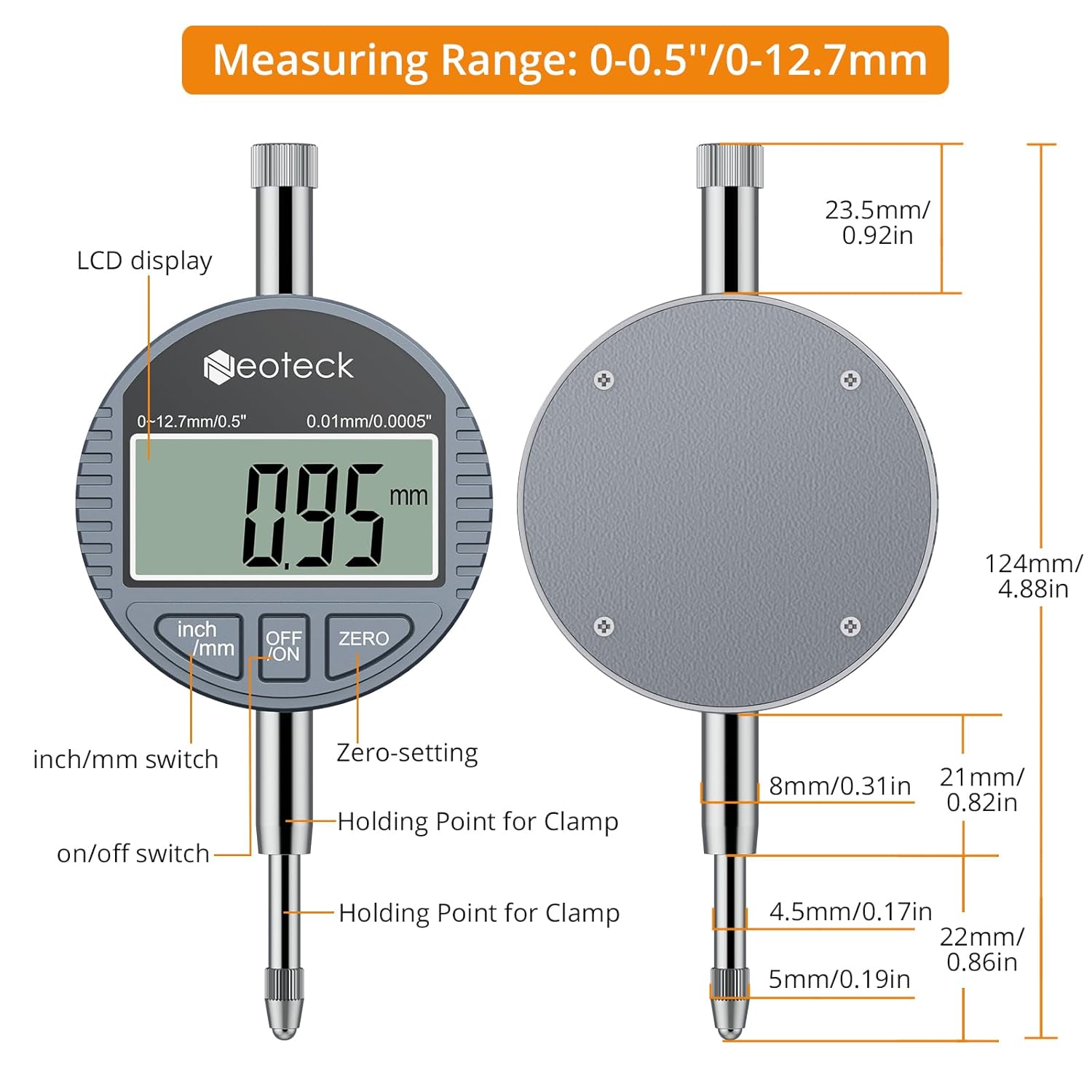 Neoteck Digital Dial Indicator with its storage case and an LR44 battery