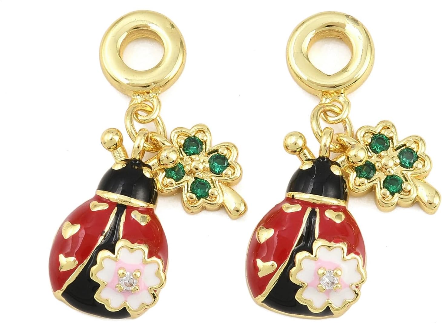 LiQunSweet 16 pcs Red Ladybird Brass Enamel European Dangle Charms Ladybug with Clover Flower Large Hole Charms for DIY Jewelry Bracelet Necklace Earring Bag Keychain Decor