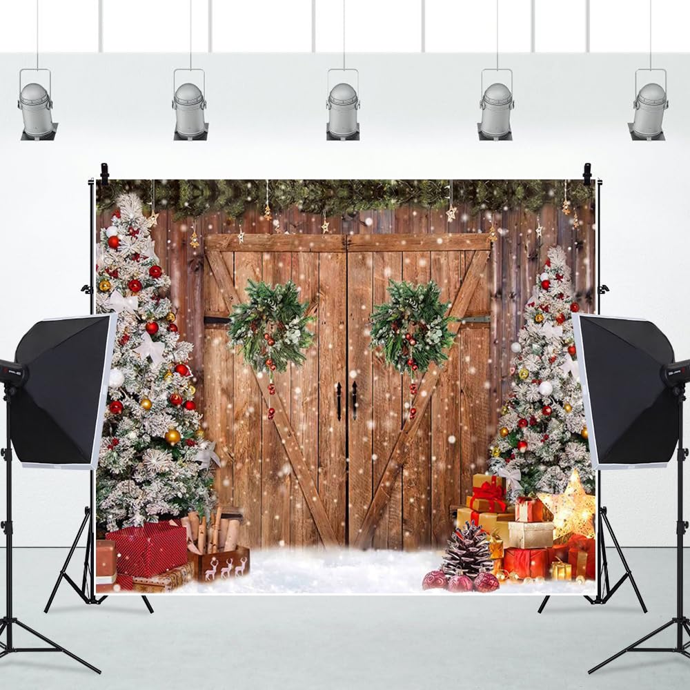 3,6 x 2,5 m Natale Porta del fienile Sfondo Albero di Natale Innevato Corona Scatola Regalo Scena di Neve Sfondo per Decorazione Festa di Vacanza in Famiglia Accessori Studio Foto