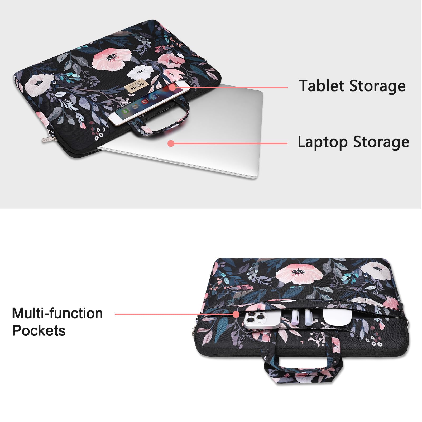 MOSISO Laptop Bag for Women, 15 inch Computer Bag Compatible with MacBook Pro 16 inch, HP, Dell, Lenovo, Asus, Notebook, 15.6 inch Laptop Messenger Shoulder Briefcase with Strap, Floral Illustration