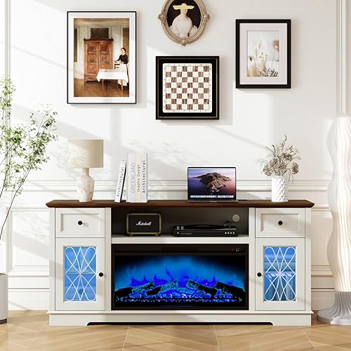 Vipbear 70" Farmhouse Fireplace TV Stand for TVs up to 80", 32" Tall Electric Fireplace Media Console with Storage Cabinets& Drawers, 7 Adjustable Flame LED Color for Living Room, White