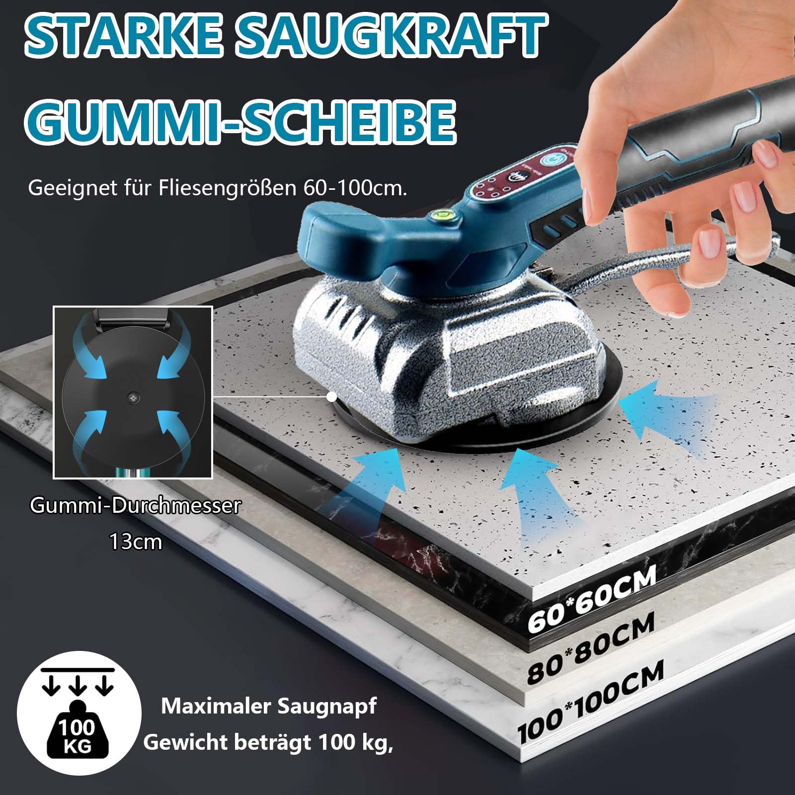 Maquina Vibratoria para Azulejos, Ventosas para Azulejos - 5 Velocidades Ajustables - Ventosa de 12 × 12 cm - para Azulejos de 0.2-1m con Batteries ×2