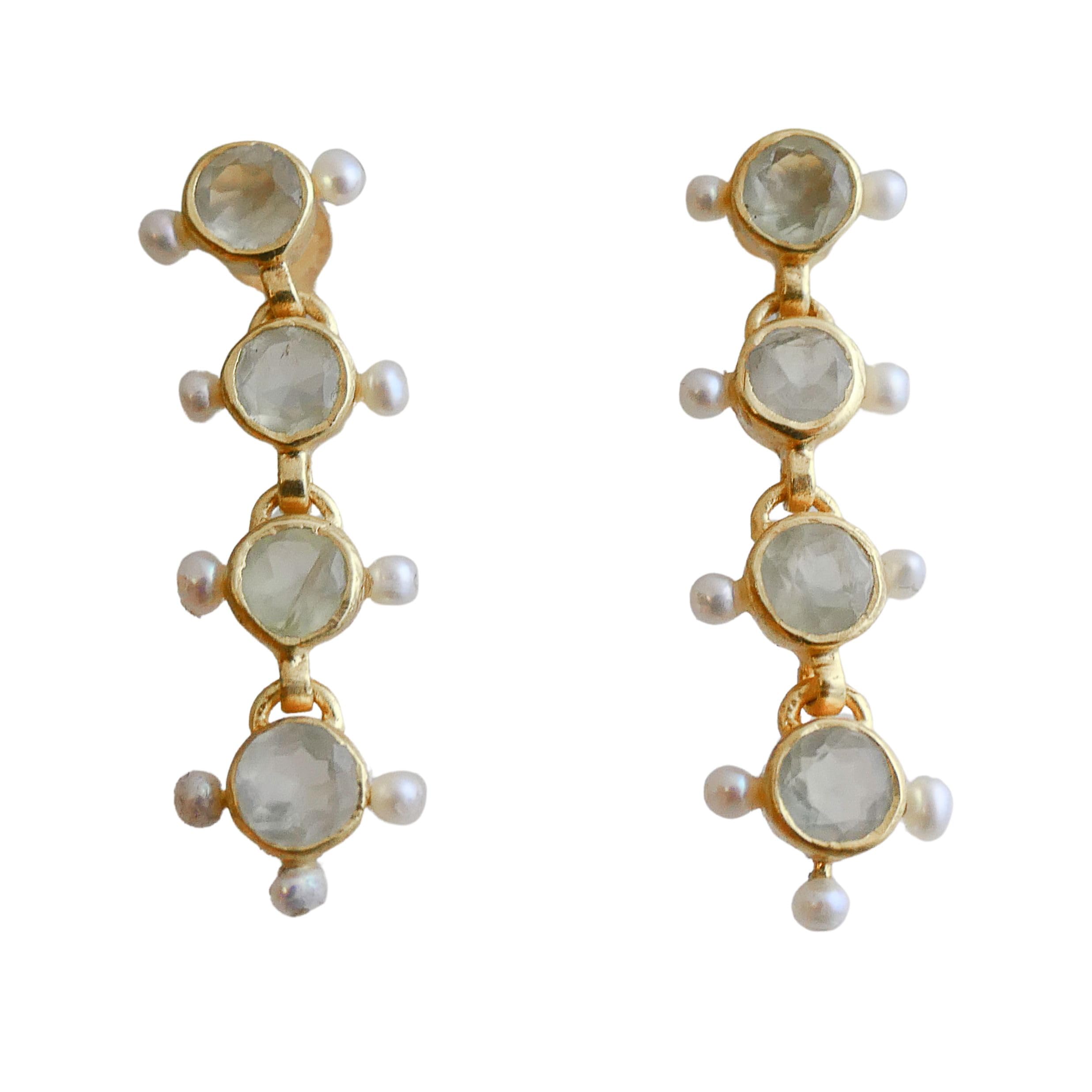 Orecchini Pendenti in Argento Sterling 925 Placcato Oro | con Prehnite e Perle d’Acqua Dolce - Gioiello Elegante con Pietre Naturali per Donna
