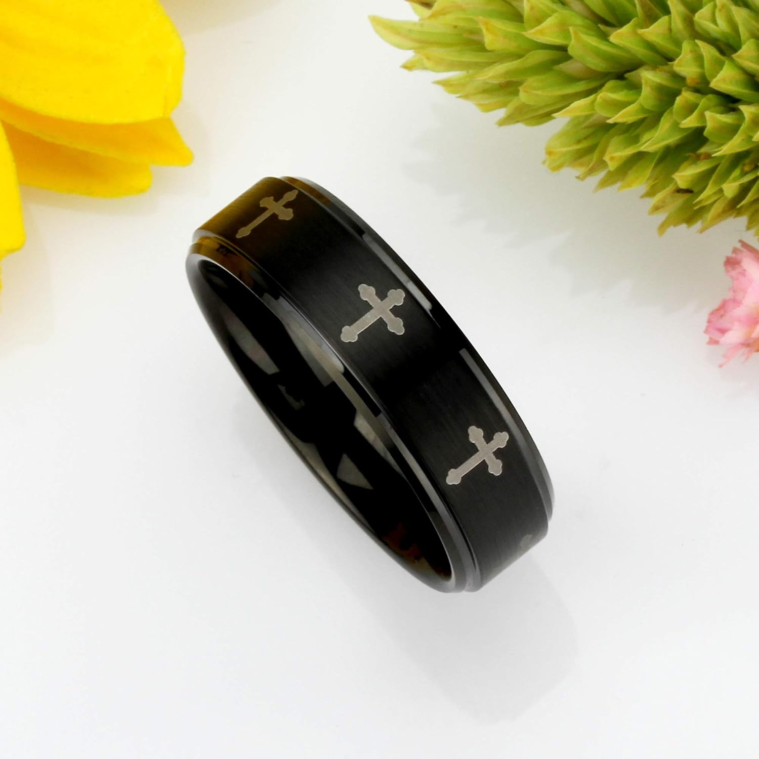8MM Comfort Fit Tungsten Carbide Wedding Band Black IP Brushed Engraved Crosses Tungsten Ring (7 to 15)