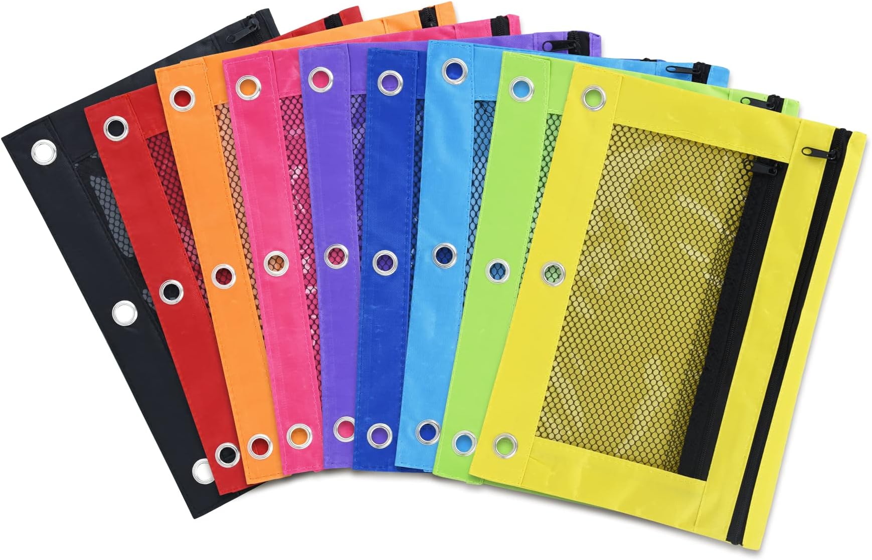 EAONE 9Pack Pencil Pouch for 3 Ring Binder 9 Color with Mesh Zipper Double Pocket Pencil Bag Pouch Bulk for Office, Home, School Supplies