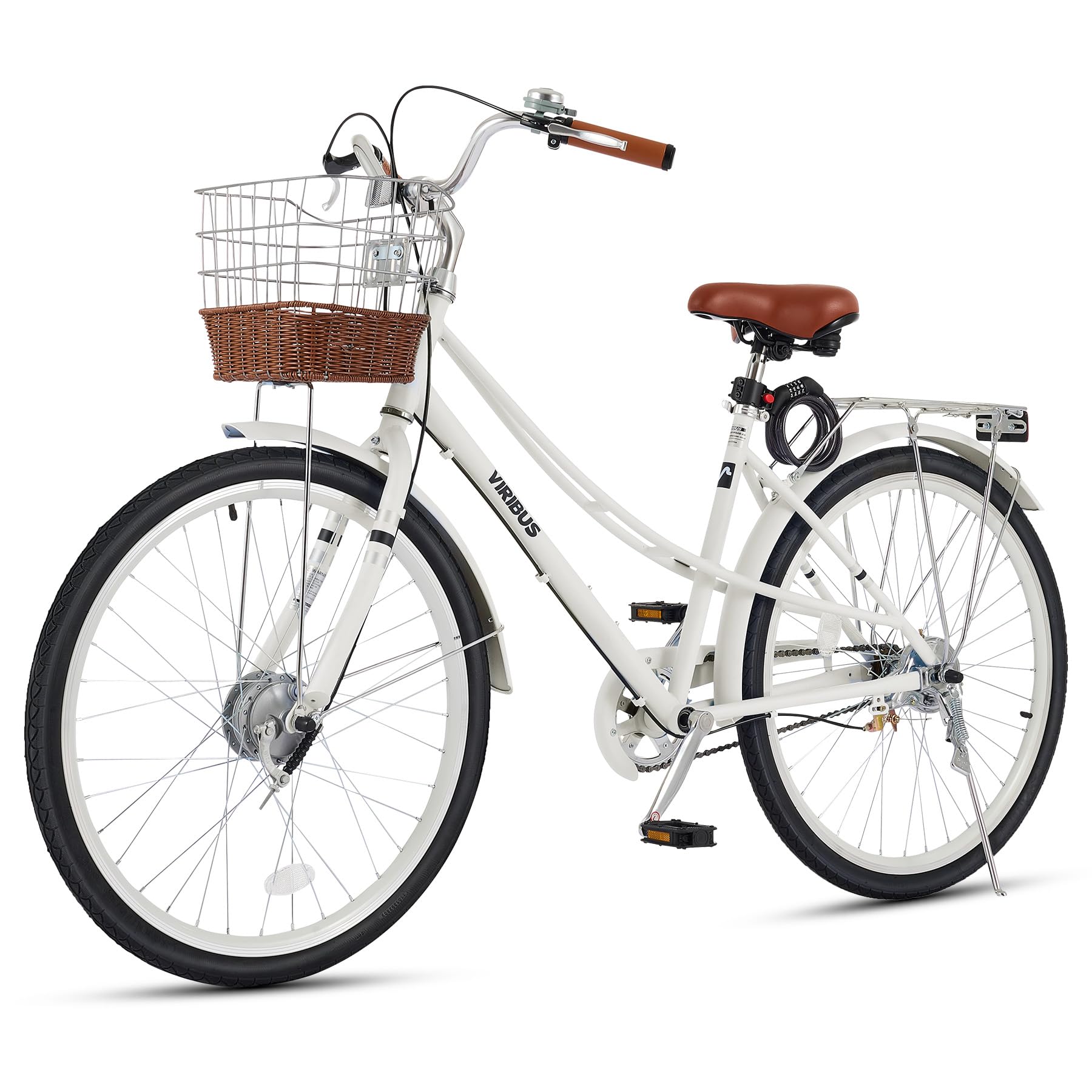 Viribus Beach Cruiser Bike für Damen, Step-Through-Fahrrad mit Rattenkorb, Gepäckträger & Schloss, 26 Zoll 1-Gang, City Commuter Cruiser Bike, Erwachsenenfahrrad für kurze Damen, weibliche Senioren Sport & Freizeit