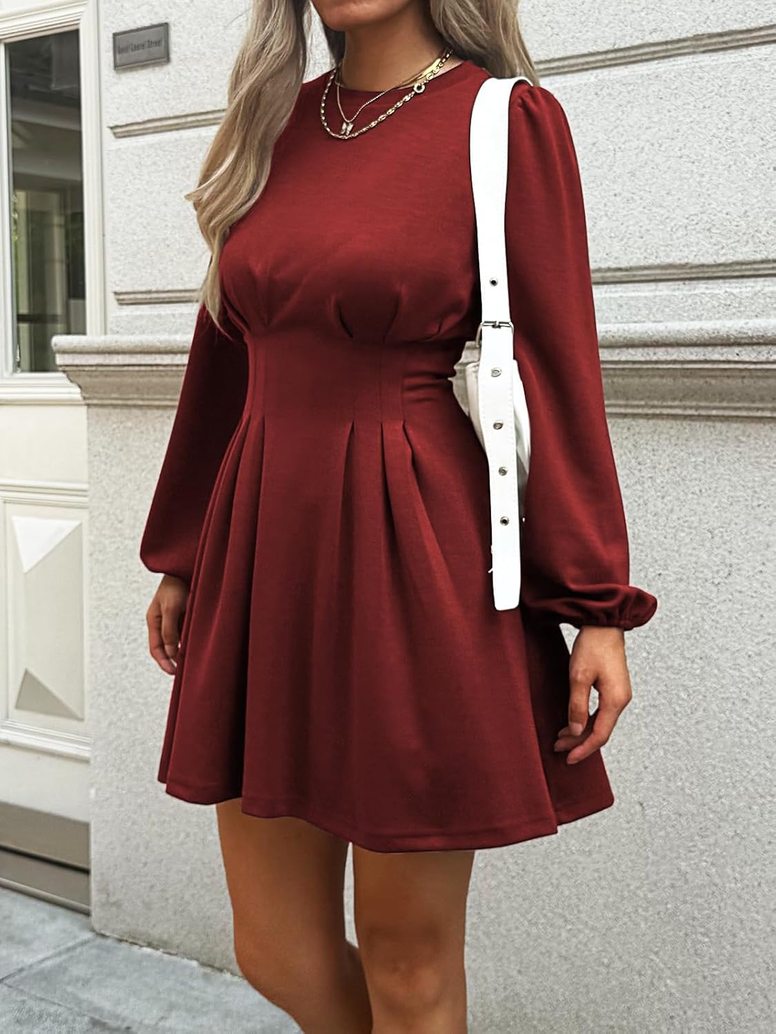 Work Dresses for Women 2026 Spring Business Casual Dress Long Puff Sleeve High Waist A Line Short Office Dress - Image 3