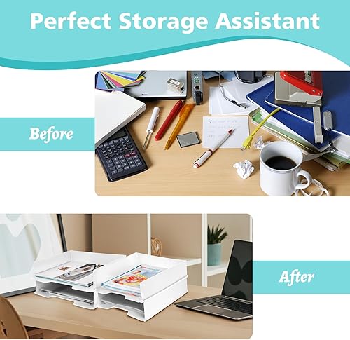 Miniatura 6 de Juego de 4 bandejas de escritorio apilables de plástico tamaño A4, organización y almacenamiento de oficina, organizadores de archivos de escritorio