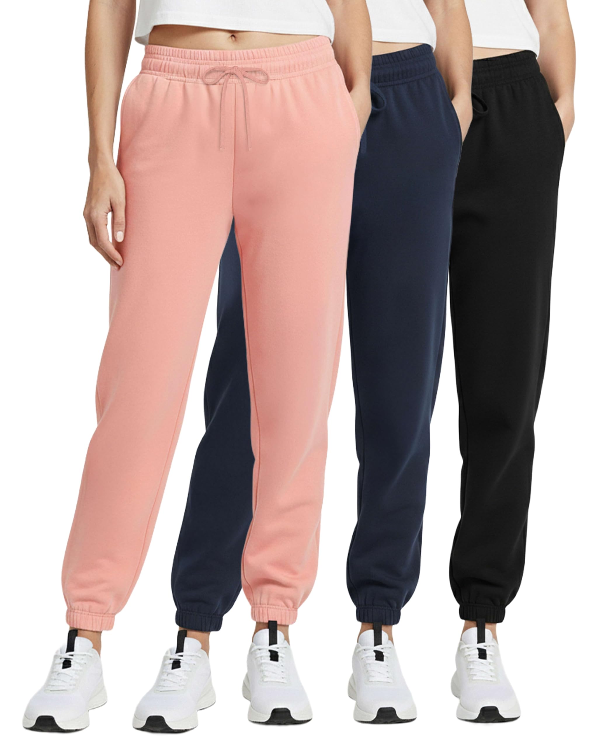 Real Essentials 3 Pack: Women's Fleece Jogger Sweatpants (Available in Plus Size)