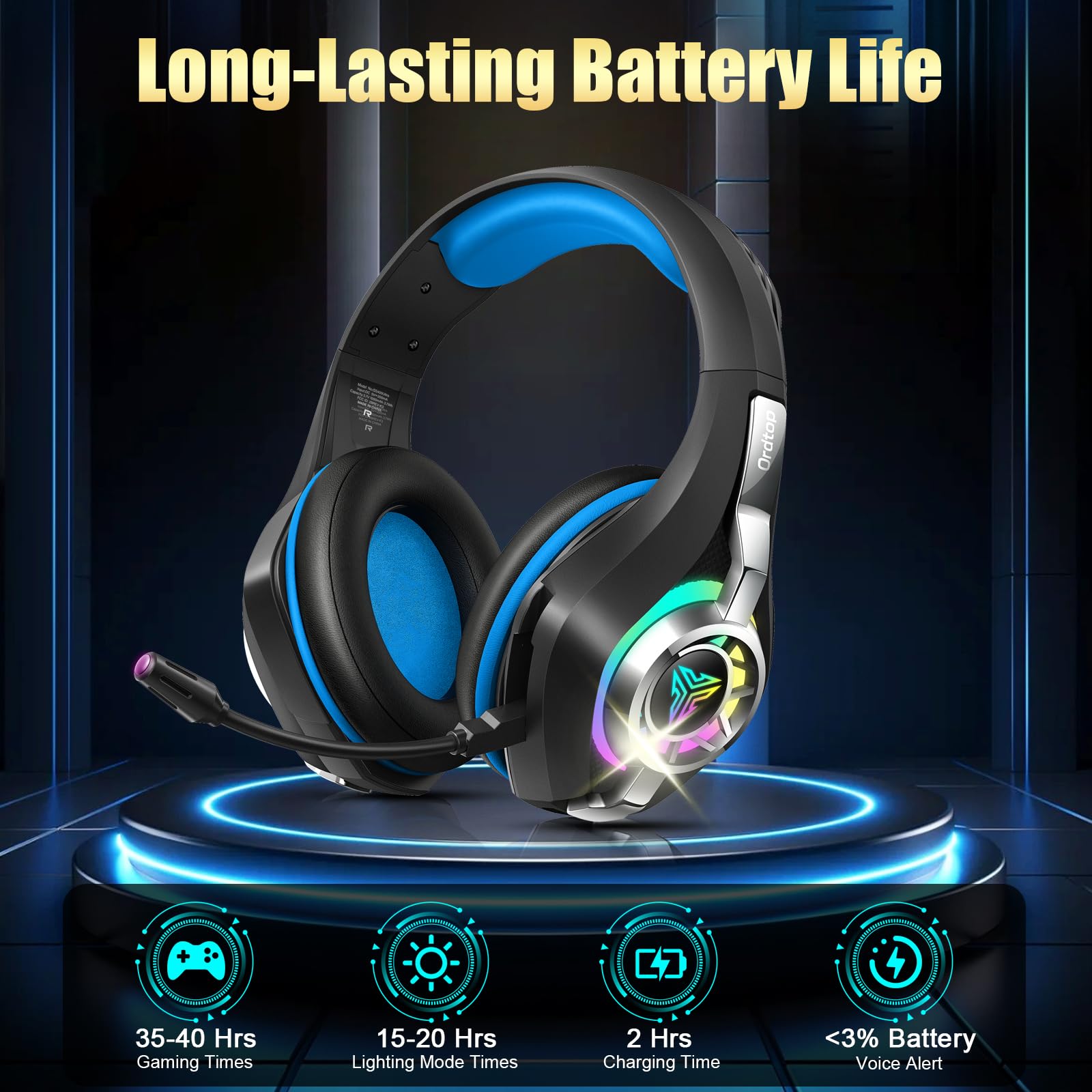 Ordtop 2.4GHz Wireless Gaming Headset for PC, PS5, PS4–Low Latency Bluetooth 5.4 Headset with ENC Noise Cancelling Mic, 7.1 Surround Sound, 40H Playtime, Ultra-Lightweight 276g (Wired Mode for Xbox) — view 8