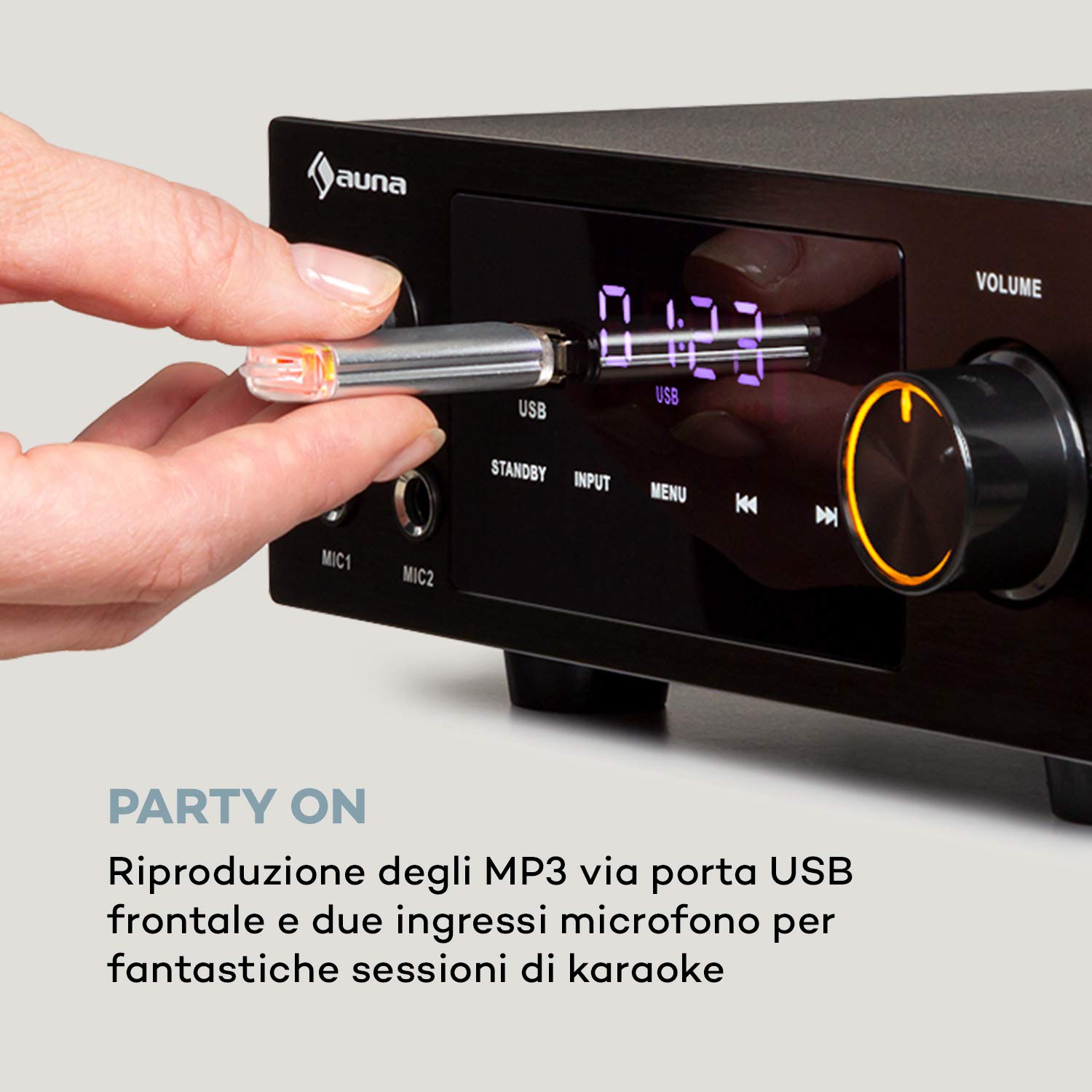 AUNA AMP-2 DG - Amplificatore Stereo Hi-Fi, 2 x 50 Watt RMS, Bluetooth, 2 x Digital-in: Ottico & Coassiale, USB, Ingressi AUX e Dvd, Regolazioni: Bassi, Alti, Balance, Eco, Display LED, Nero