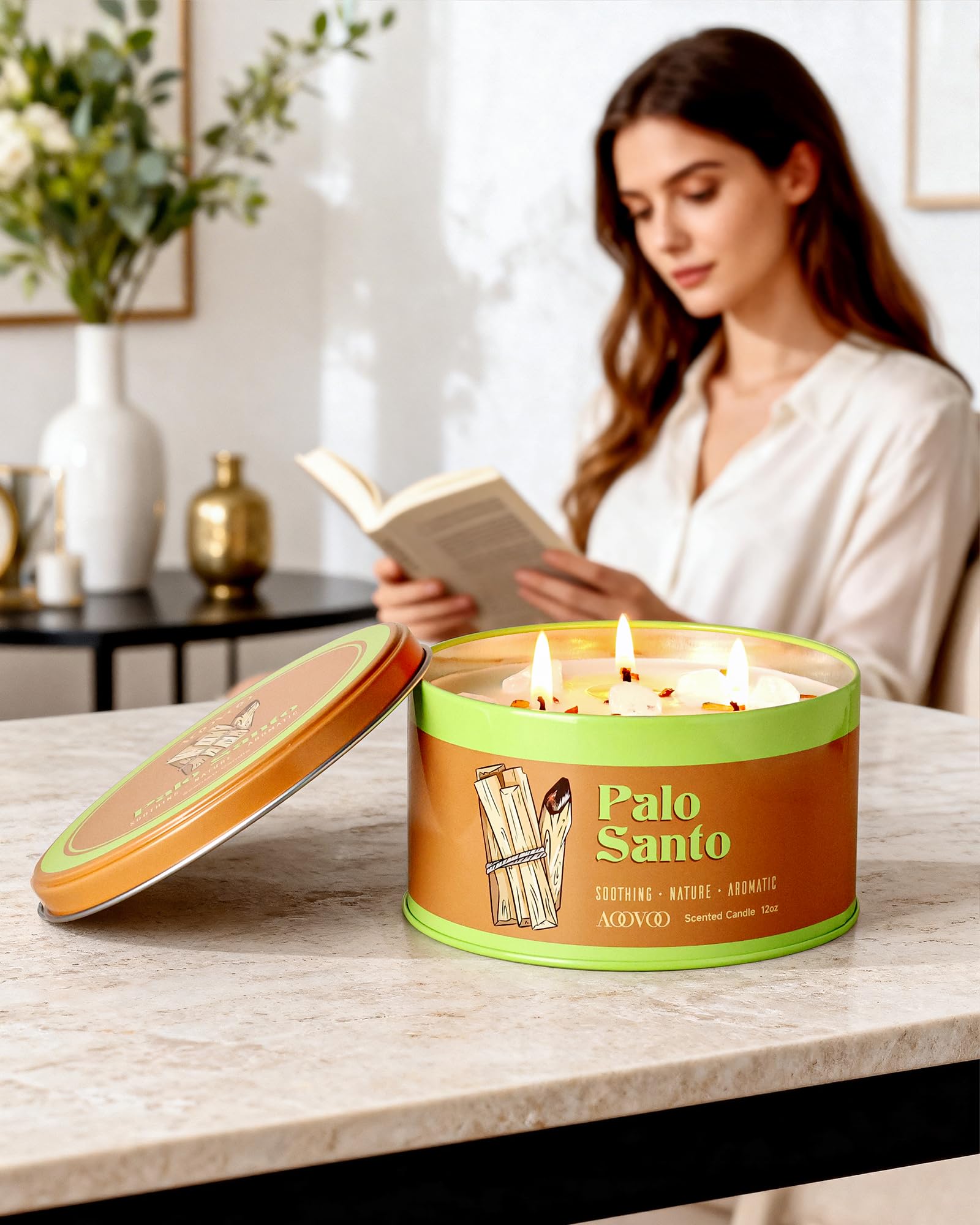 AOOVOO Palo Santo świeca do medytacji i czyszczenia – 3 knoty, 340 g, świeca zapachowa z białymi kryształami i Palo Santo, nietoksyczna świeca sojowa do duchowego uzdrawiania, aromaterapii, prezent