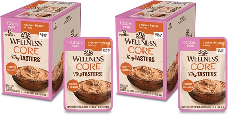 Ração úmida para gatos filhotes Wellness CORE Tiny Tasters de frango, sem grãos, Pacote com 24 sachês de 50 g