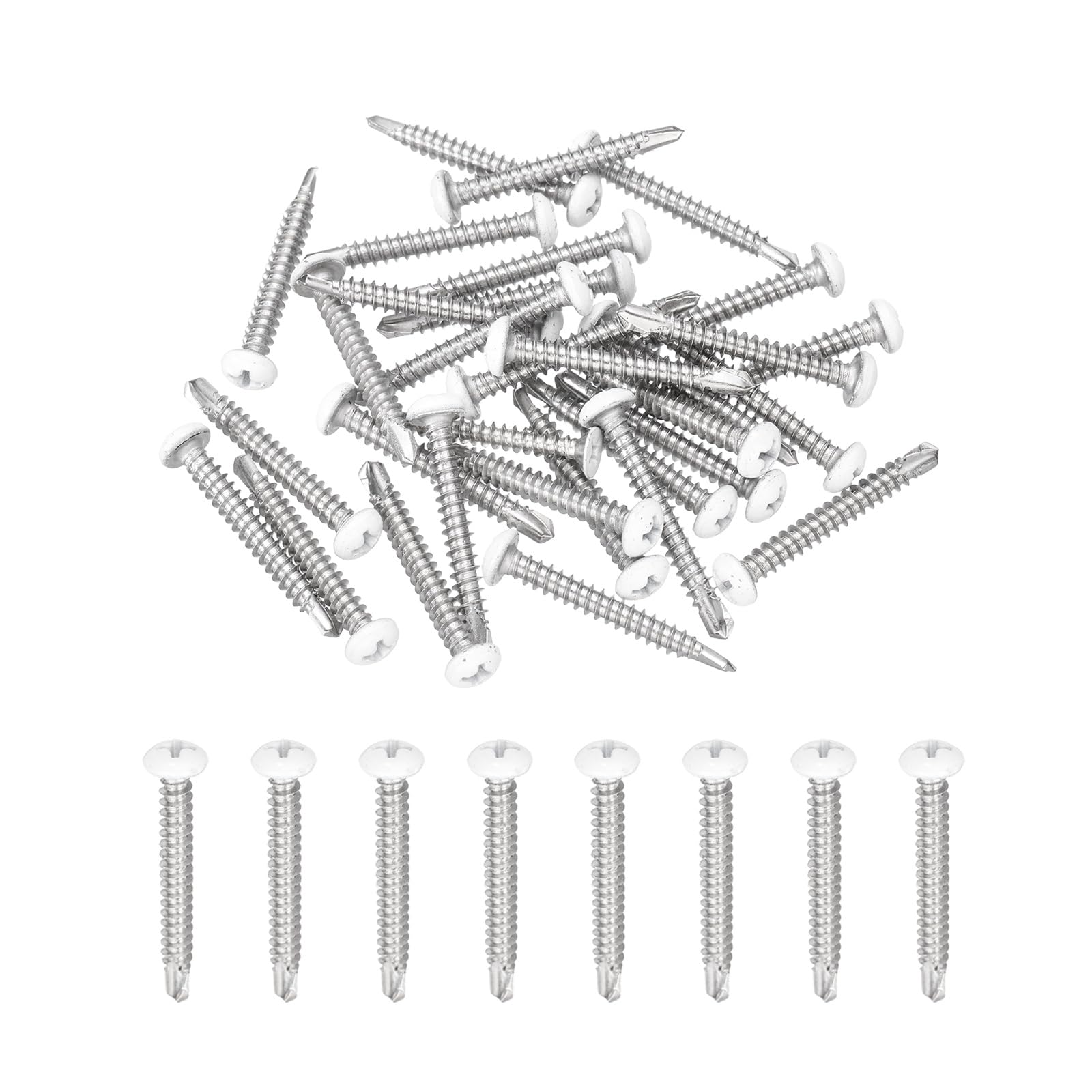 sourcing map 30Pcs M4.2x32mm White Thick Pan Head Self Tapping Screws, 410 Stainless Steel Self Drilling Screws for Metal Sheet Metal Screw, Silver
