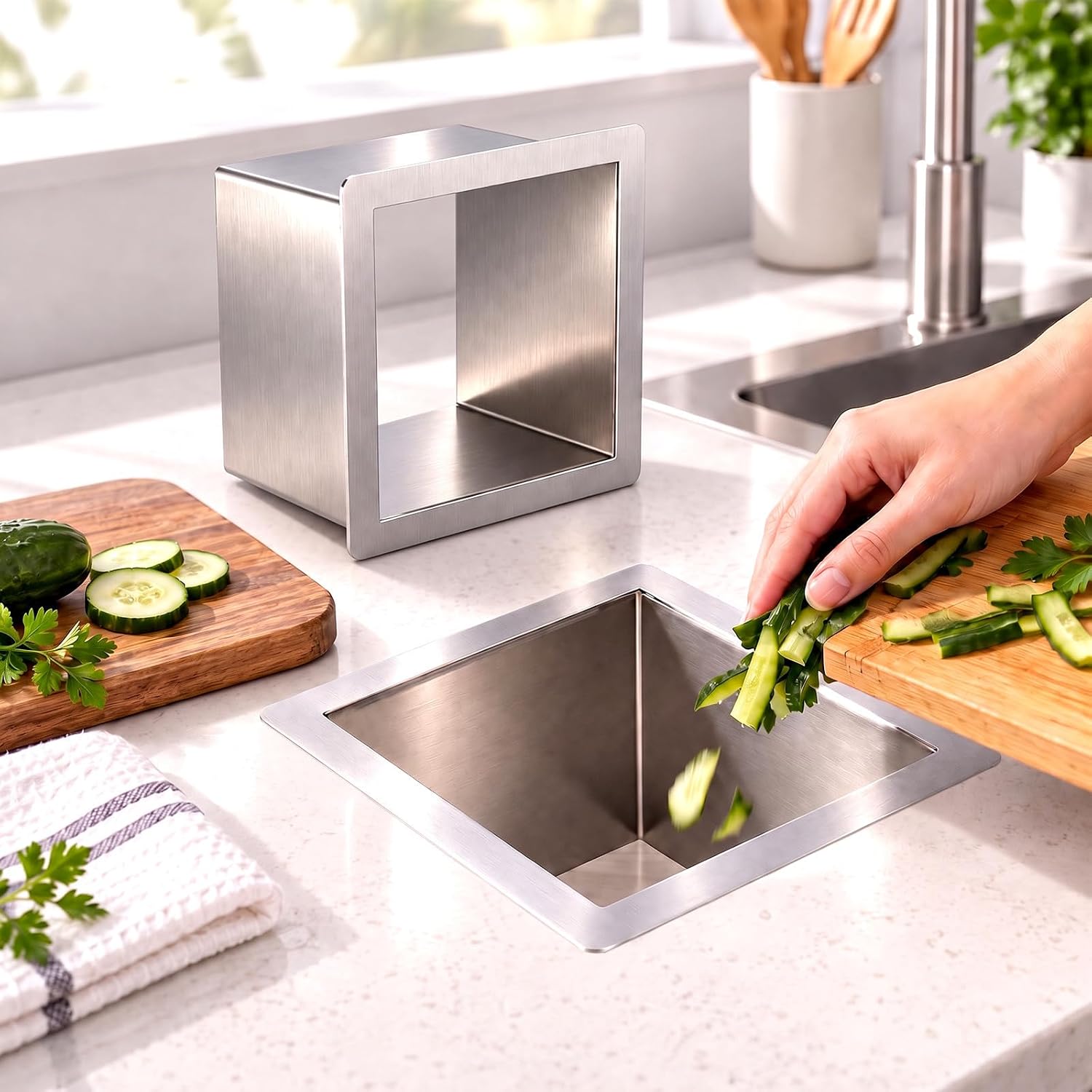 Stainless Steel Kitchen Trash Chute Grommet, 6.3x6.3x4 Inch