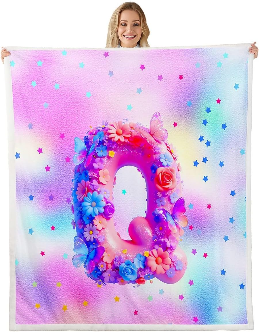 jejeloiu Pretty Butterfly and Flower Blanket Star Print Fleece Throw Blanket Boys Girls Letter Q Plush Soft Bright Colorful for Sofa Bed Couch Baby 30"x40"