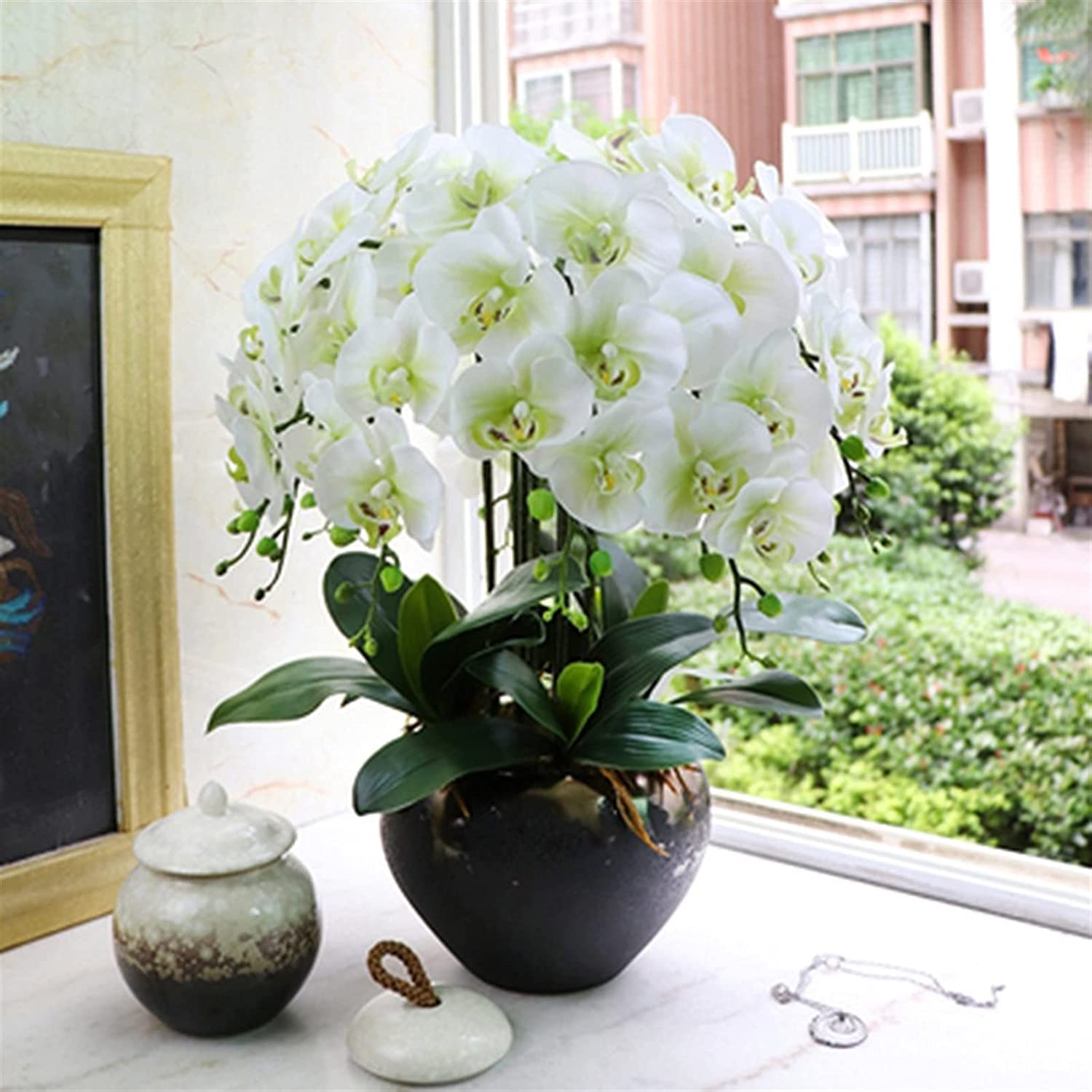 QTYQWC Orchidee Künstliche Blumen Groß Faux Orchideen Schlafzimmer Wohnzimmer Set Orchideen Künstlich Groß Pflanzgefäß Romantische Kunstblumen Pflanzenarrangement Natürliches Aussehen