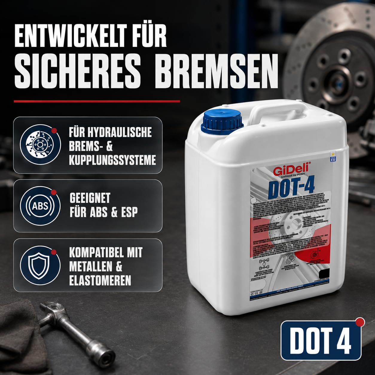 GiDeli Bremsflüssigkeit DOT 4 10 L Kanister - Vorrat zum Abfüllen | für ABS und ESP, auch für Kupplungssysteme, straffer Druckpunkt am Pedal, schont Dichtungen, feste Zapfstelle im Regal