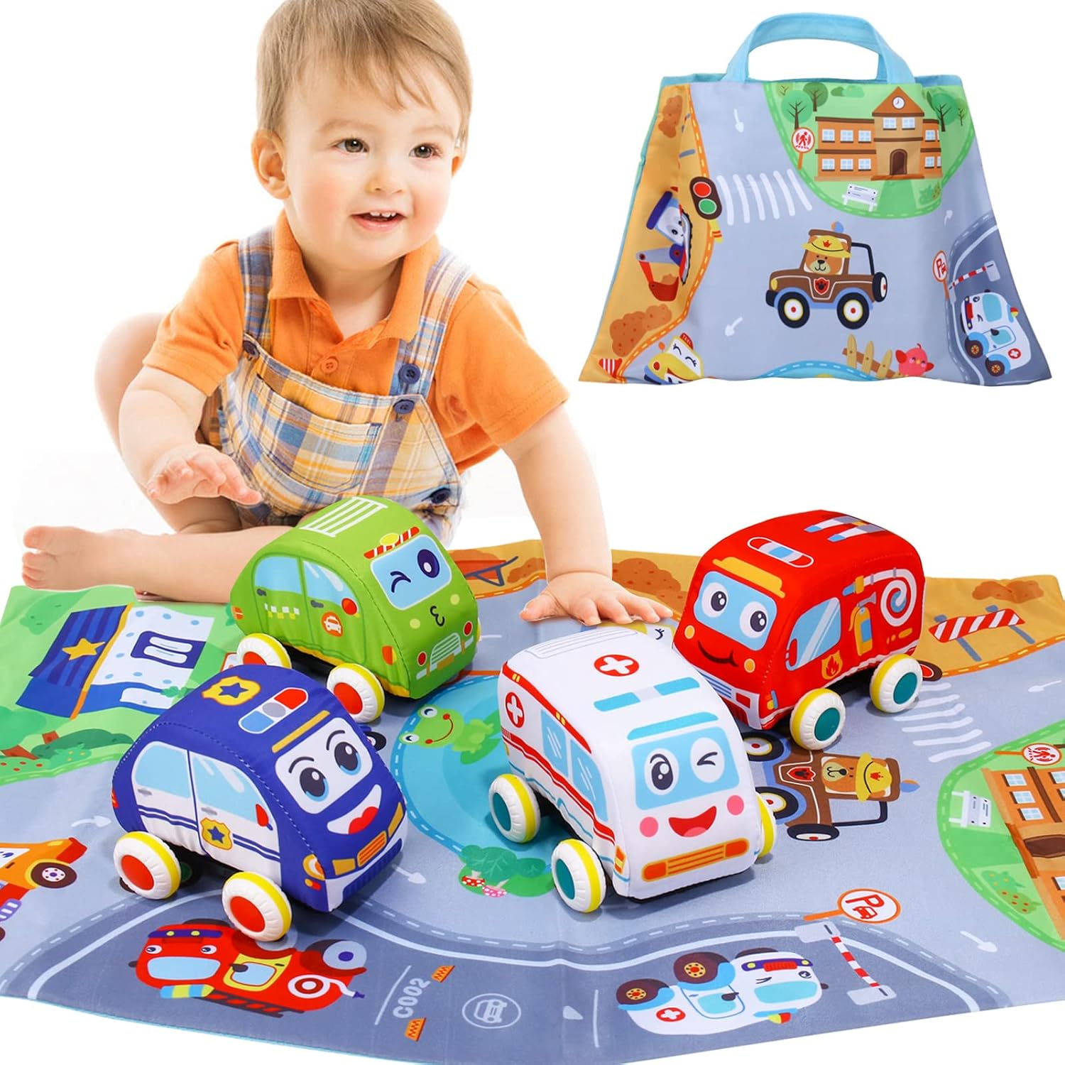 MIOKIDZFUN Baby Toys for 1 Year Old Soft Car Toys with Playmat Storage