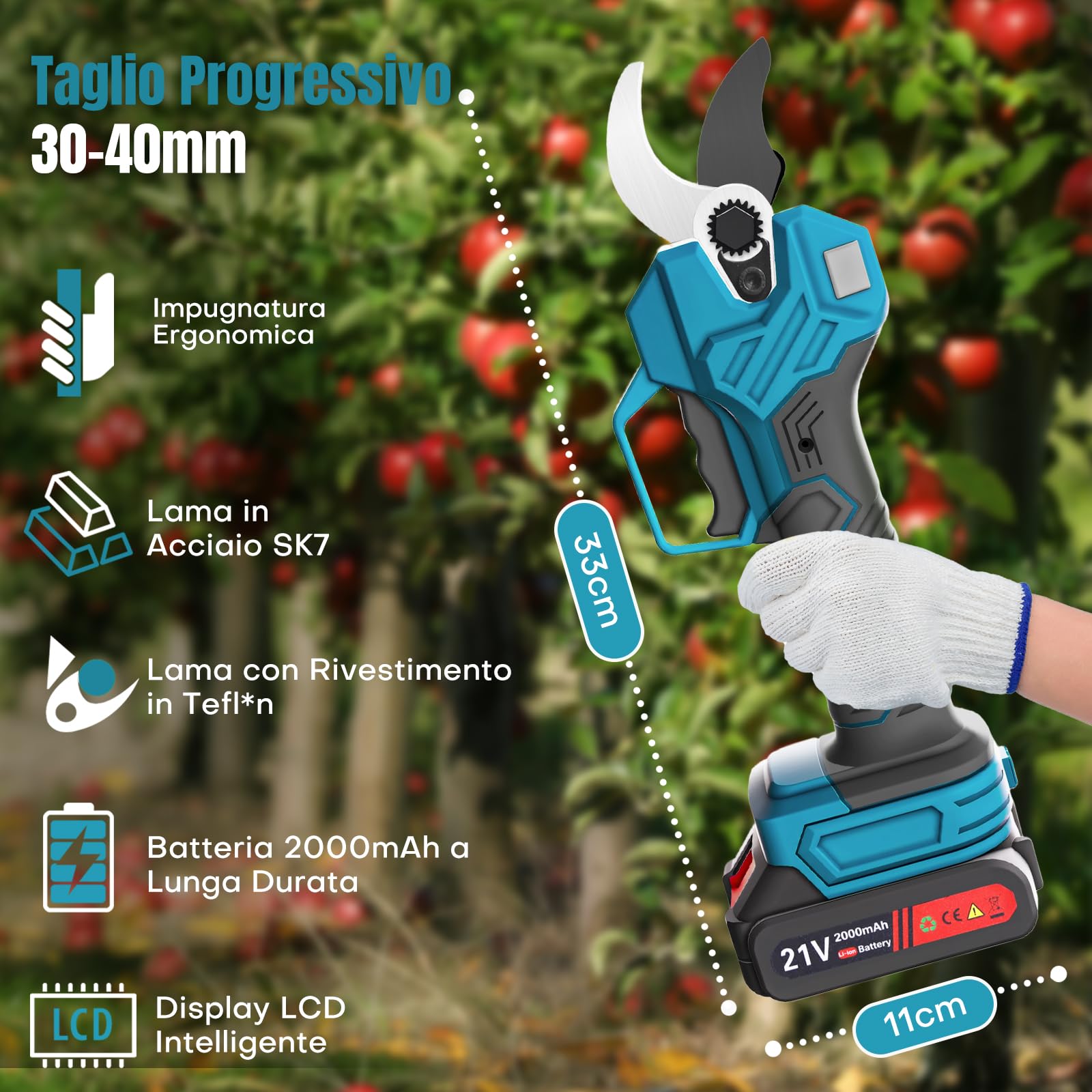 Forbice Potatura a Batteria 40mm Cesoia da Potatura Elettrica Cesoia a Batteria Ricaricabile Professionale per Giardinaggio Albero 21V (21V)