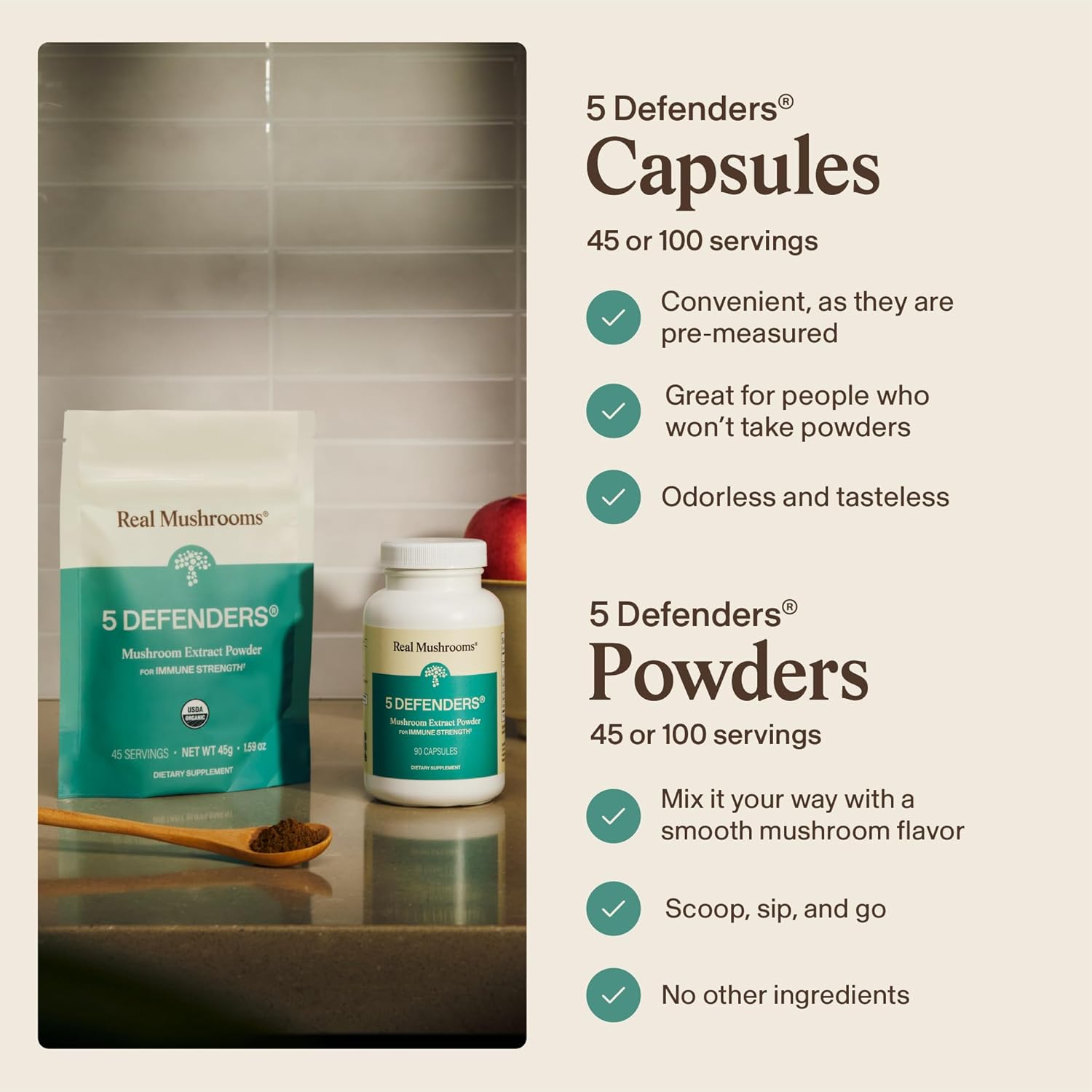 Real Mushrooms 5 Defenders - Adaptogenic Mushrooms Complex with Chaga, Reishi, Turkey Tail, Maitake & Shiitake for Wellness Support - Mushroom Beta Glucan Capsules - 90 Count