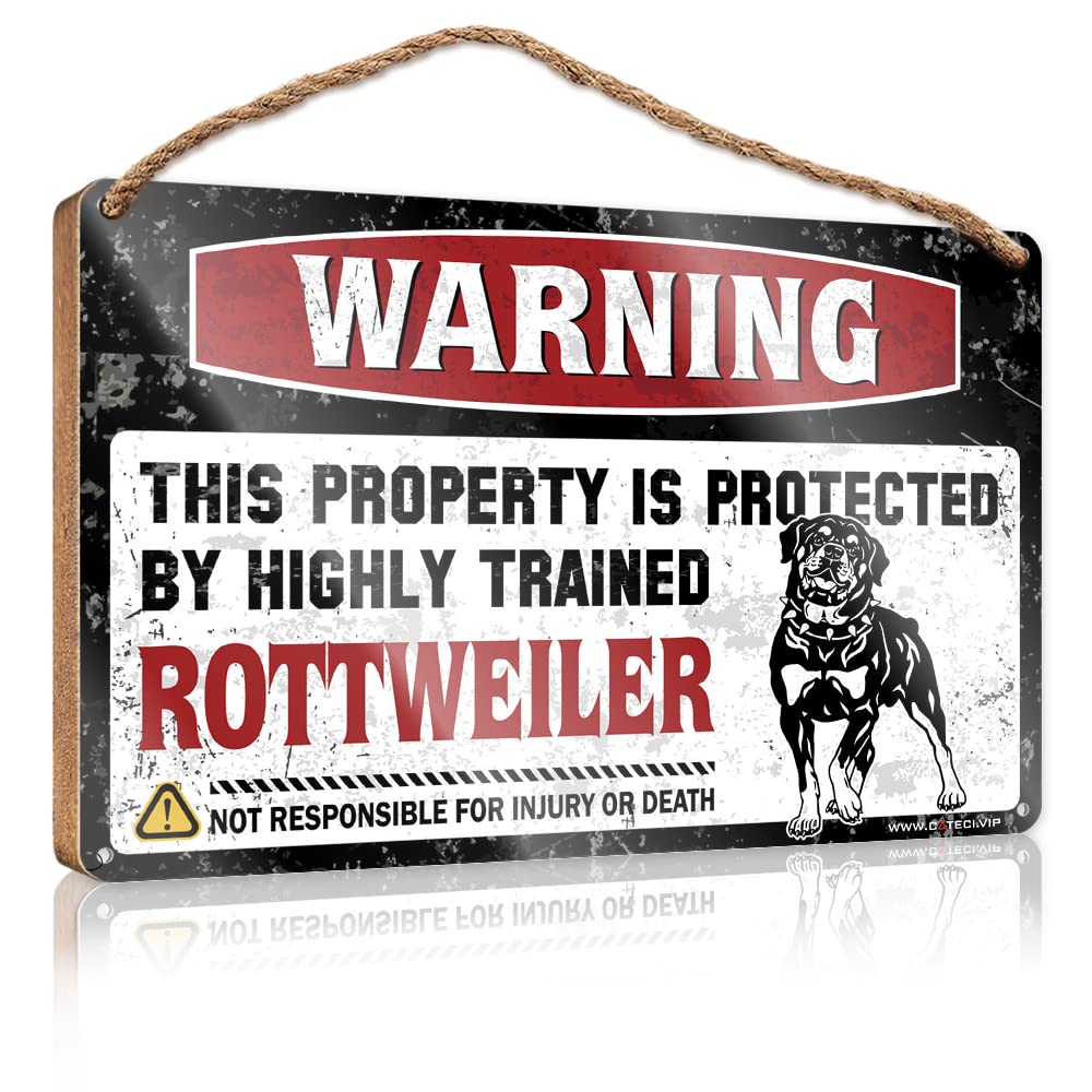 HELIOFORGE Wood Signs For Home Decor Warning This Property Is Protected By A Highly Trained Rottweiler Wooden Sign(23X35CM)