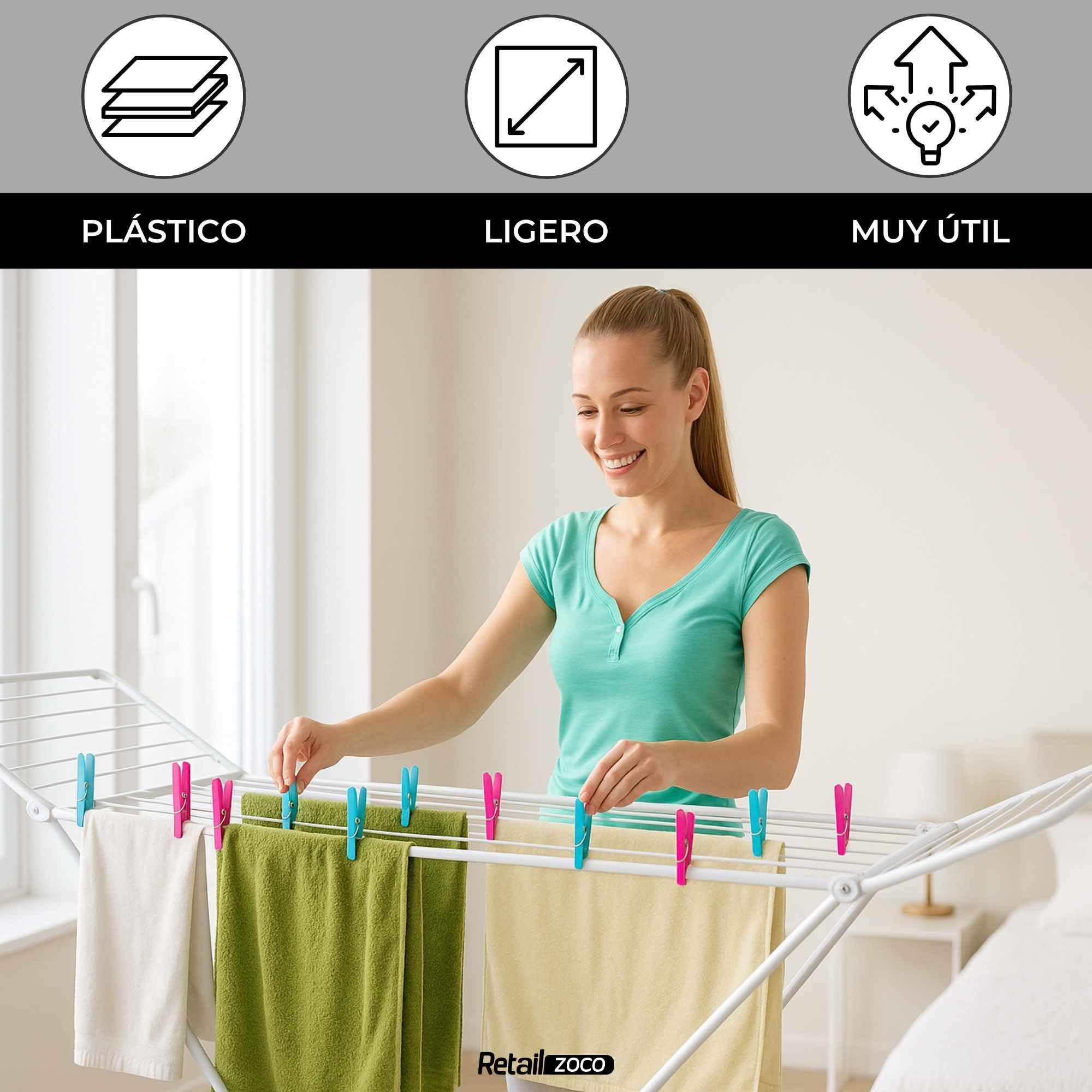 TECHZOCO Pinzas para Tender, Pinza de Ropa, Pinzas para canasto, Plástico Resistentes, aptas para Interior y Exterior, Longitud de 7 cm, Plástico, Incluye 20 Unidades Multicolor