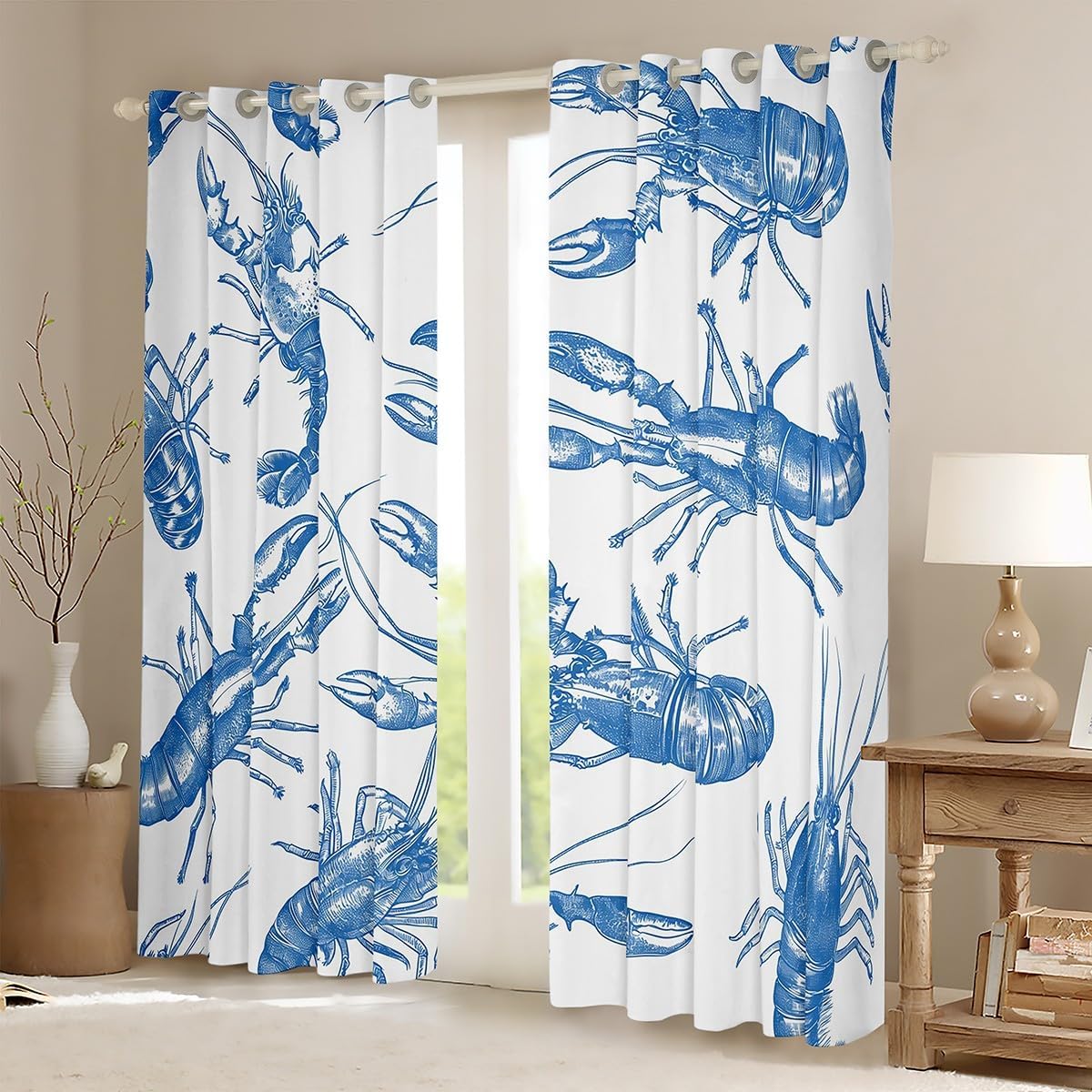 Lobster Kids Window Curtains,Underwater World Sealife Marine Creature Window Drapes for Boys Girls,Hand Drawn Sketch Ocean Animal Blue White Window Treatments Grommet Top 2 Panel Set,38Wx333L inch