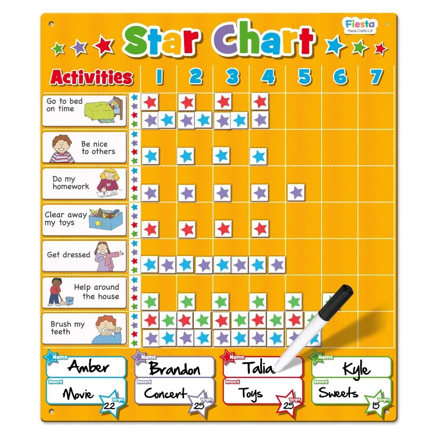 Magnetic Star Reward Chart (T2409) by Fiesta Crafts- Motivational Magnetic Behaviour Chart for Kids & - 200+ Stars,Dry Wipe Pen, 20 Activities- Engaging Star Chart for One or Multi Children