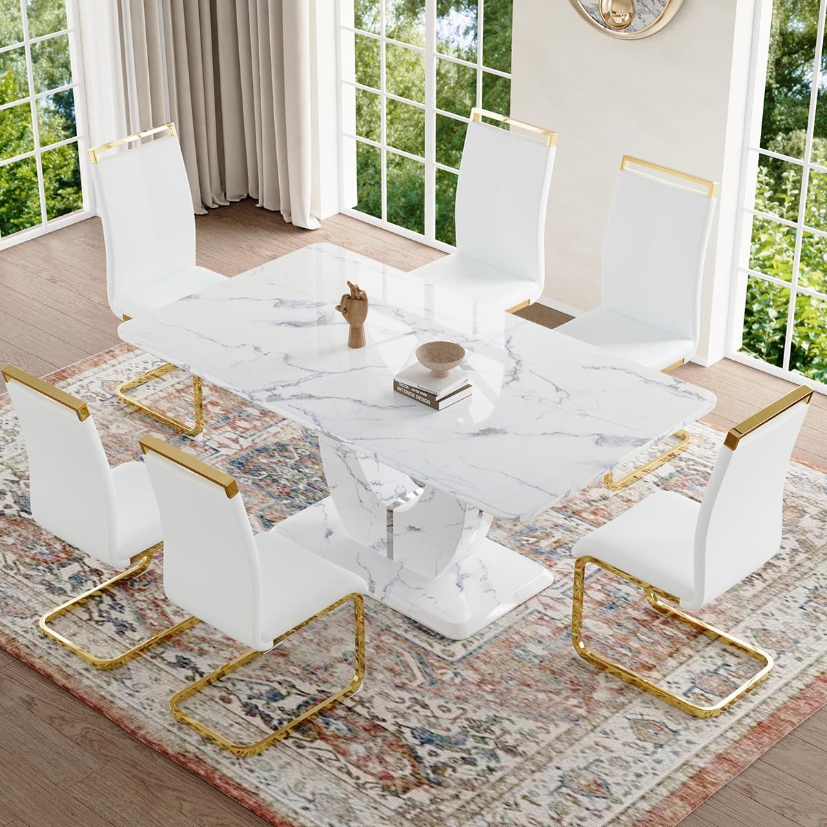 JUFU Dining Table Set for 6,White Faux Marble Dining Room