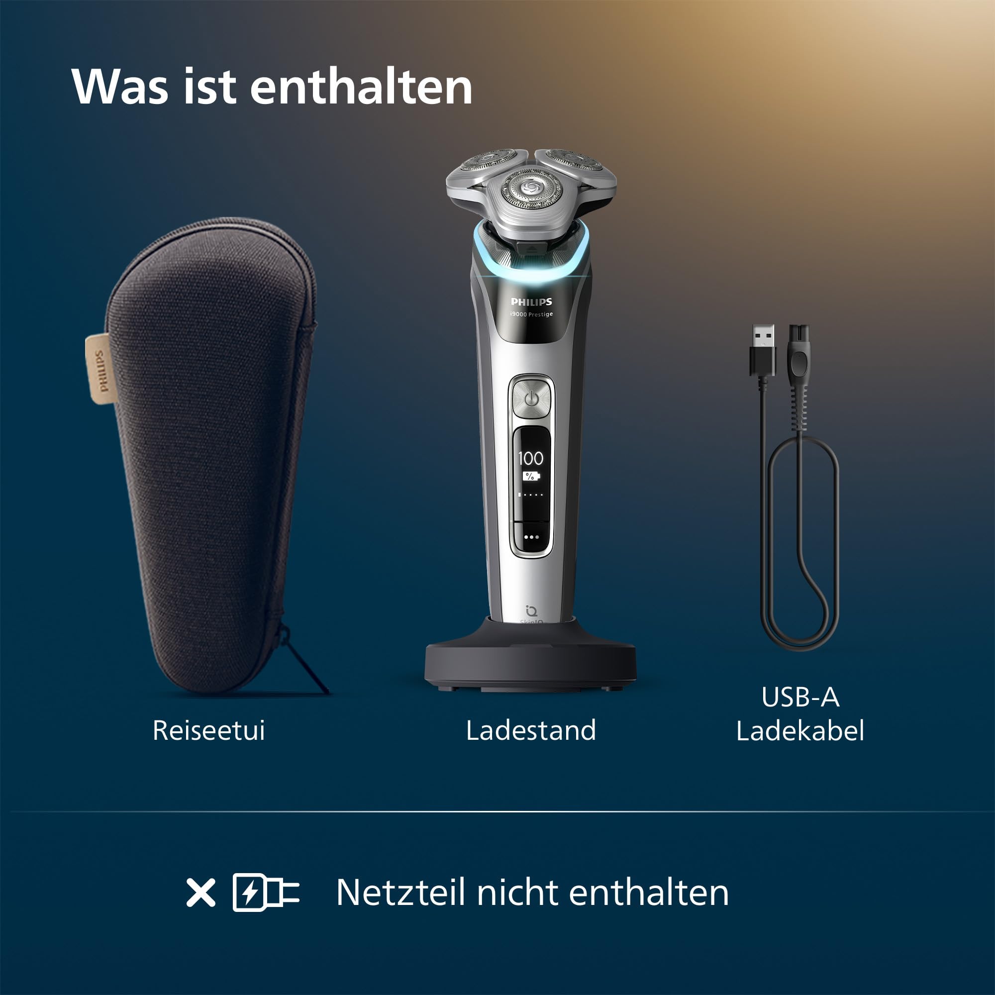 Philips Rasierer i9000 Prestige, elektrischer Nass- und Trockenrasierer für Herren mit integriertem Trimmer, dunkelgrau-silber, Drucksensor, Ladestation und Reiseetui (Modell XP9204/10)