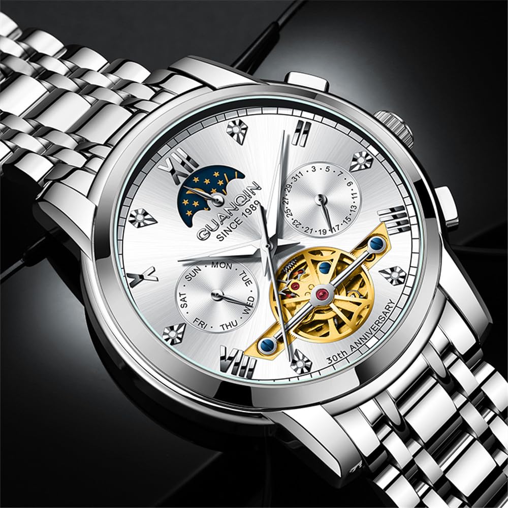 Guanqin Herren Damen Paar Skelett Multifunktional Automatisch Selbstaufzug Mechanische Strass Uhr Saphir Business Doppelseitig Hohl Wasserdicht Mondphase Stahl Armbanduhr