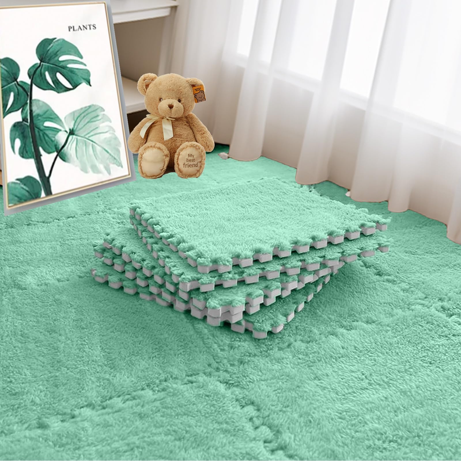 16pcs 0.6" Thickened Interlocking Tile Mats,Fluffy Shaggy Soft EVA Foam Area Rug for Living Room & Bedroom,Non-Slip Protective Floor Carpet Play Mat Kids Dorm Home Decor (11.8ft, Mint Green)