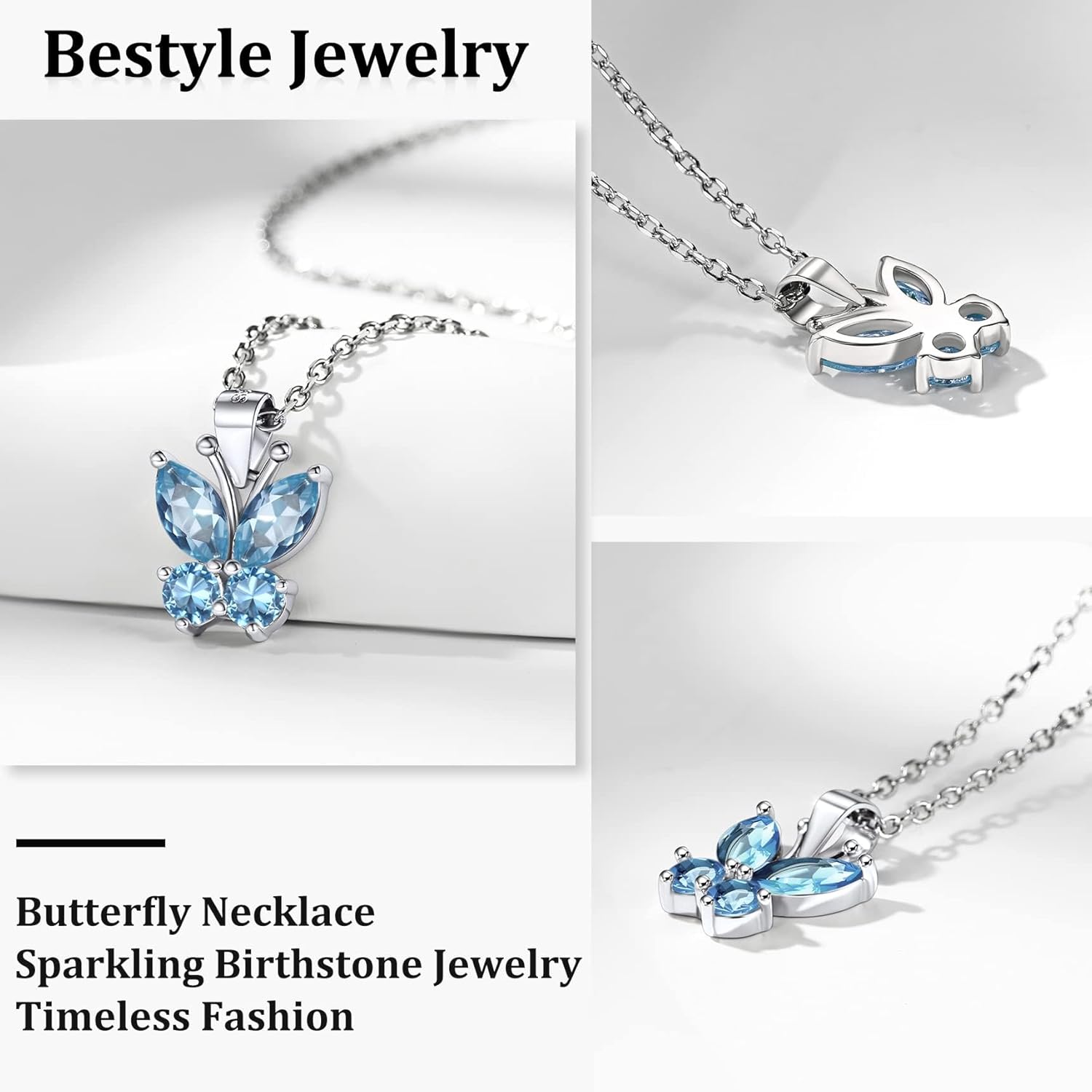 Bestyle Cute Butterfly Birthstone Necklace for Women, Dazzling Cute Silver/Gold Necklace Choker Chain, Great Birthstone Jewelry for Her - Image 2