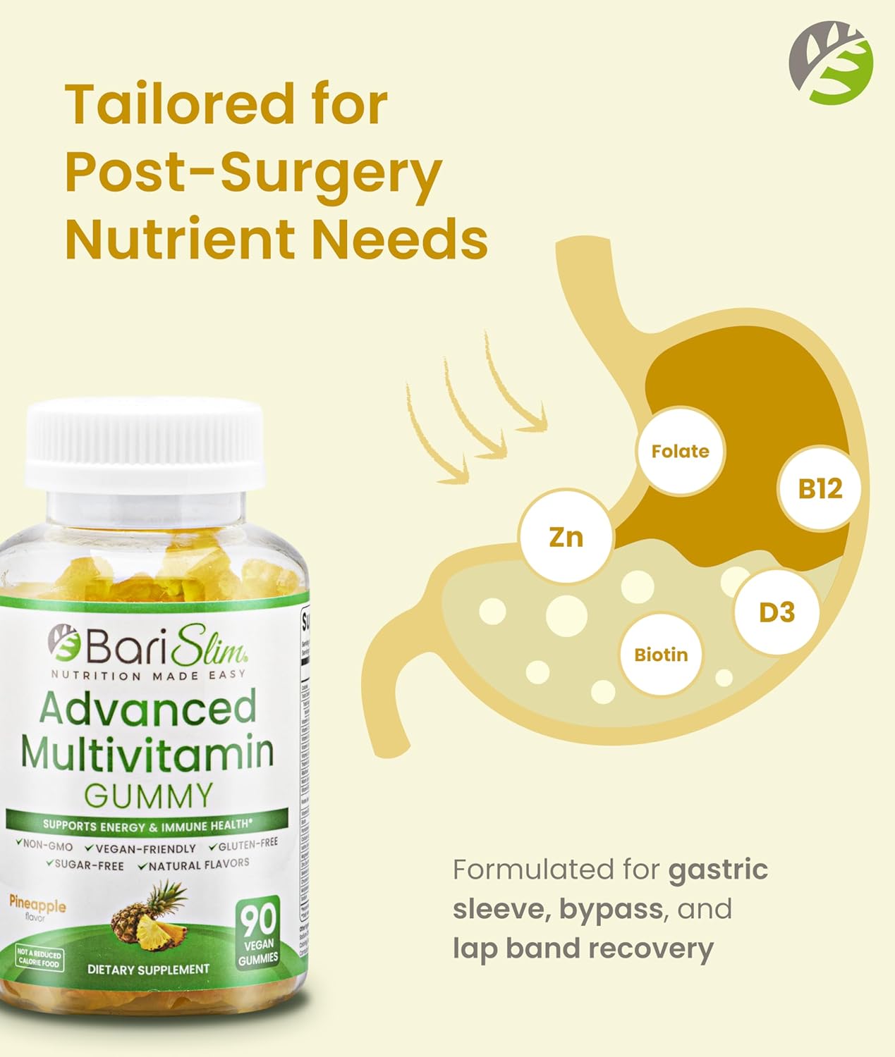 BariSlim Advanced Bariatric Multivitamin Gummies - Specially Formulated Bariatric Vitamins for Patients After Weight Loss Surgery - Supports Energy & Immune Health | Pineapple (90 Vegan Gummies) - Image 3