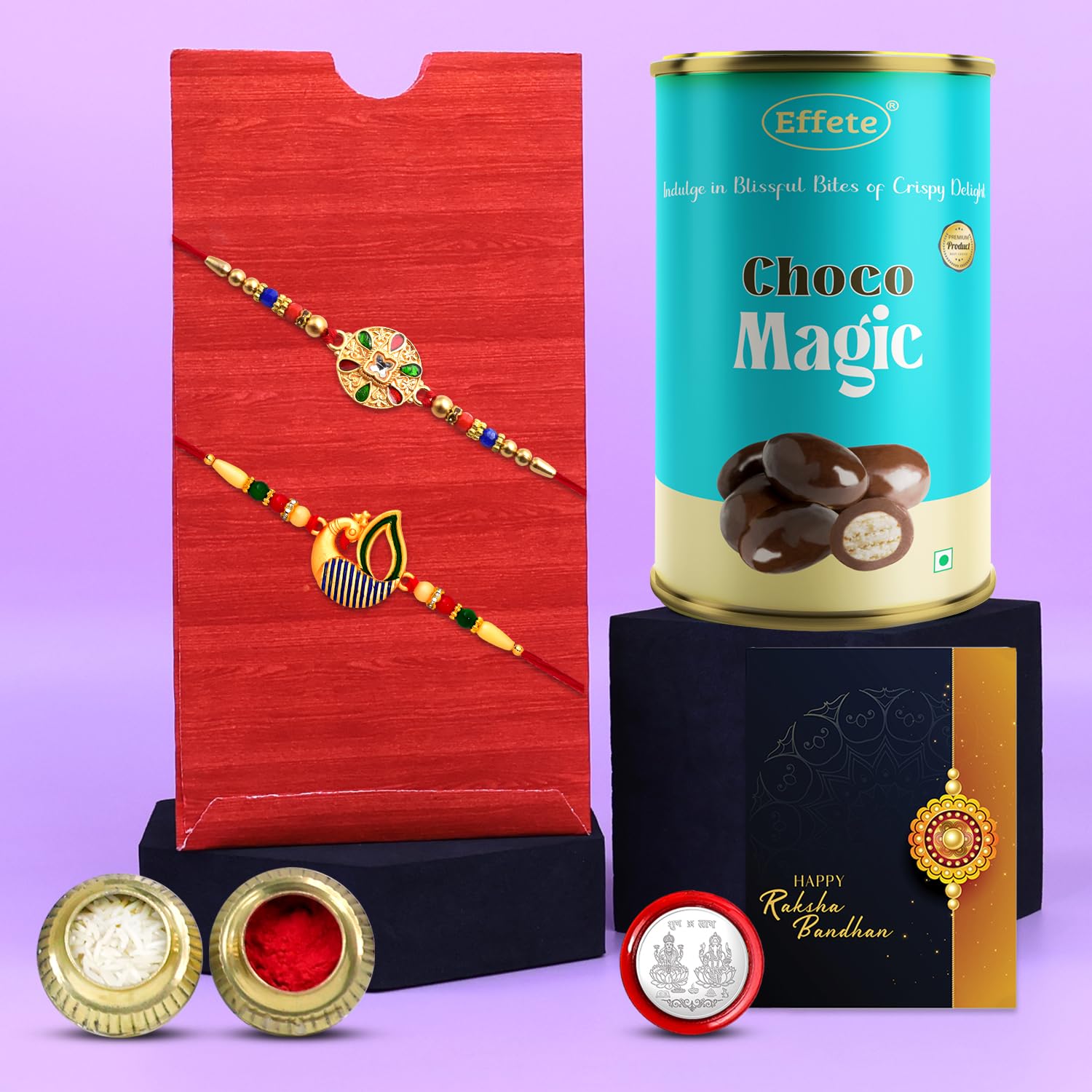 DeoDap Chocolate with Rakhi Set for Brother - Designer Peacock & Round Shape Rakhi Set of 2 with Choco Magic (96 GM), Silver Color Pooja Coin & Greeting Card, Traditional Raksha Bandhan Combo for Bhai-image-9