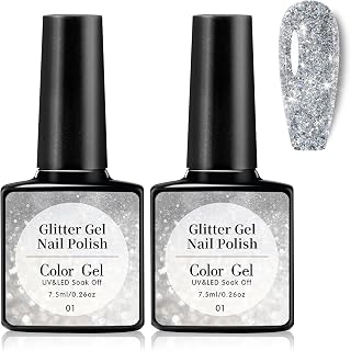 DAMUSI 2PCS Silver Glitter Gel Nail Polish, Holographic Glitter Sparkly Gel Polish Long Lasting Shiny Soak Off UV LED Nail Lamp for At Home DIY Nail Art
